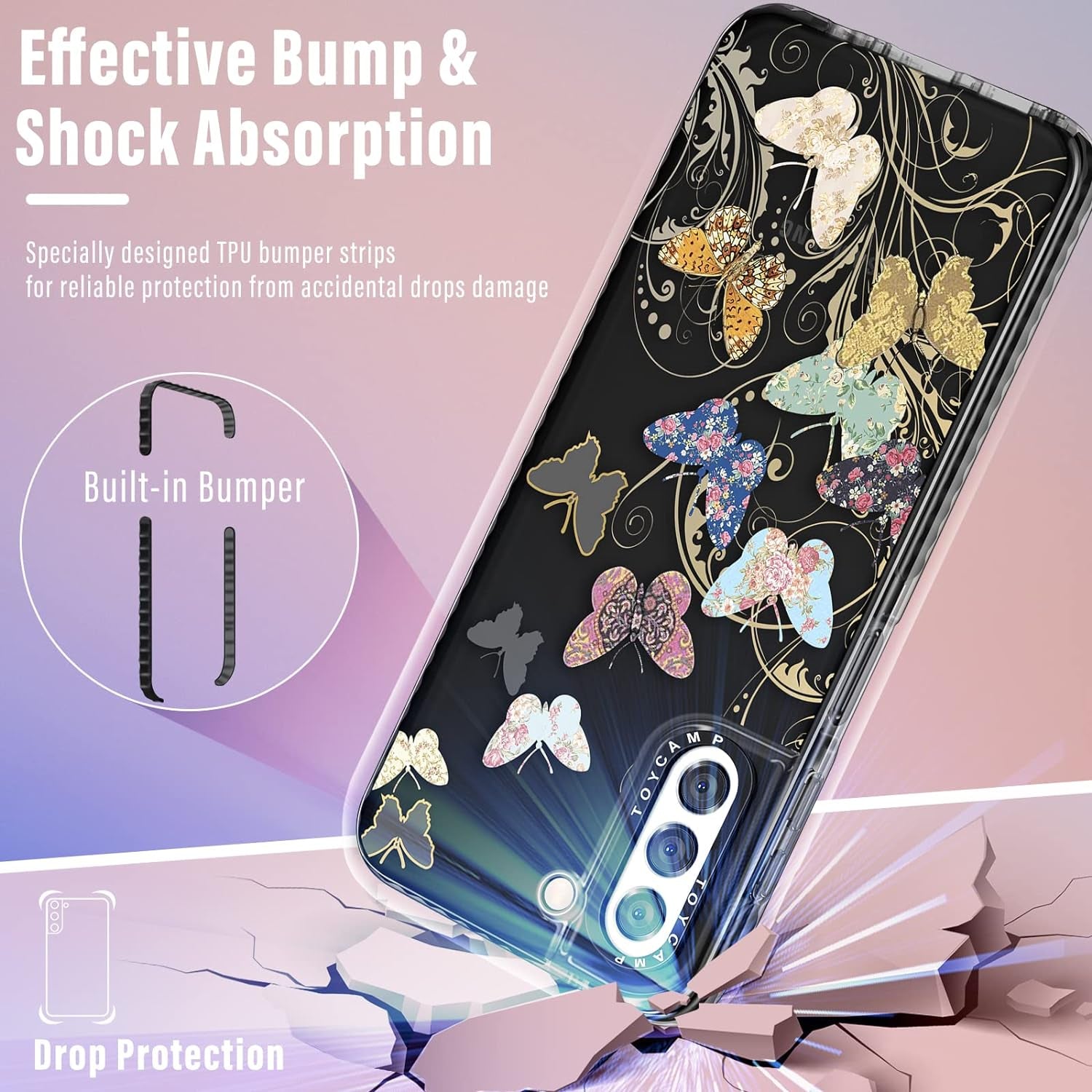 Toycamp for Samsung Galaxy S22 Case for Women, Colorful Butterfly Cute Girly Print Design for Girls Teens Case with Ring Kickstand (6.1 Inch), Black  Toycamp   
