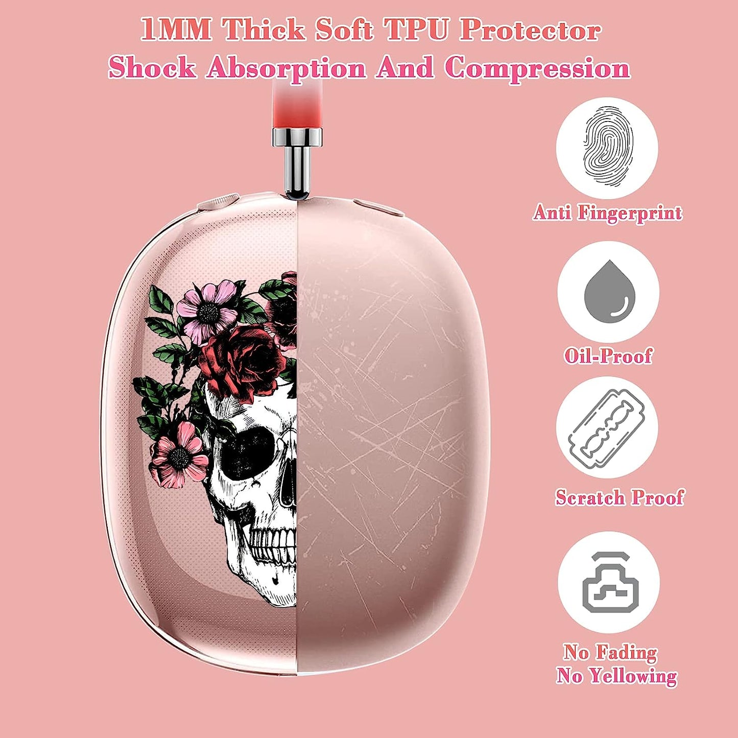 AIDERLOT Airpods Max Clear Cover Case,Cute Skull and Flowers Design,Clear Soft TPU Skin Case Compatible Airpods Max,Transparent Protective Cover for Apple Airpods Max(Pink  AIDERLOT   
