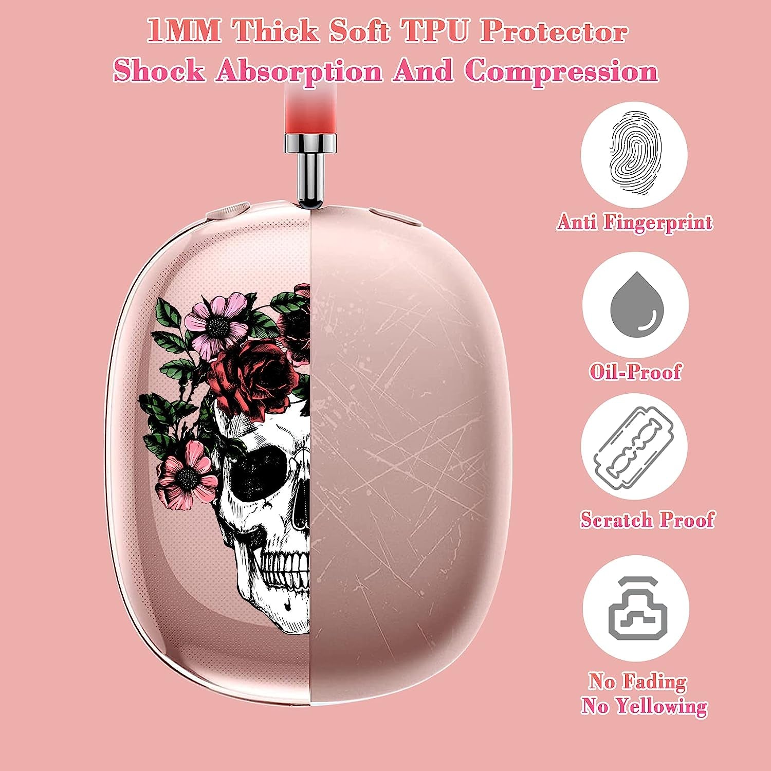 AIDERLOT Airpods Max Clear Cover Case,Cute Skull and Flowers Design,Clear Soft TPU Skin Case Compatible Airpods Max,Transparent Protective Cover for Apple Airpods Max(Pink  AIDERLOT   