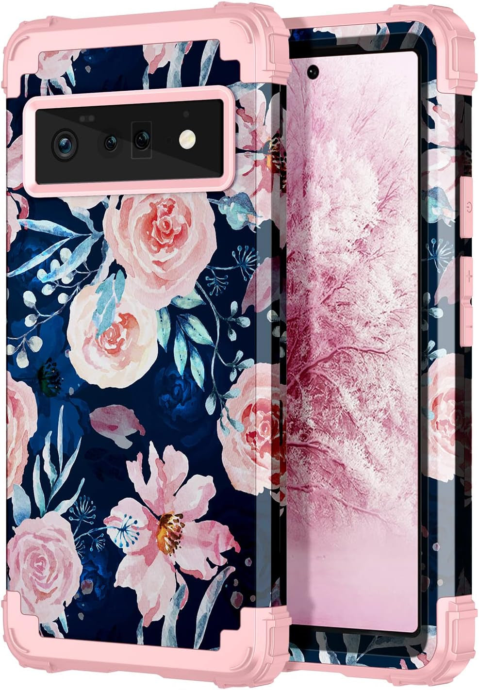 Hekodonk for Google Pixel 6 Pro Case,Heavy Duty Shockproof Protection Hard Plastic+Silicone Rubber Hybrid 3 in 1 Drop Protective Case for Google Pixel 6 Pro White Flower  Hekodonk Navy Blue  