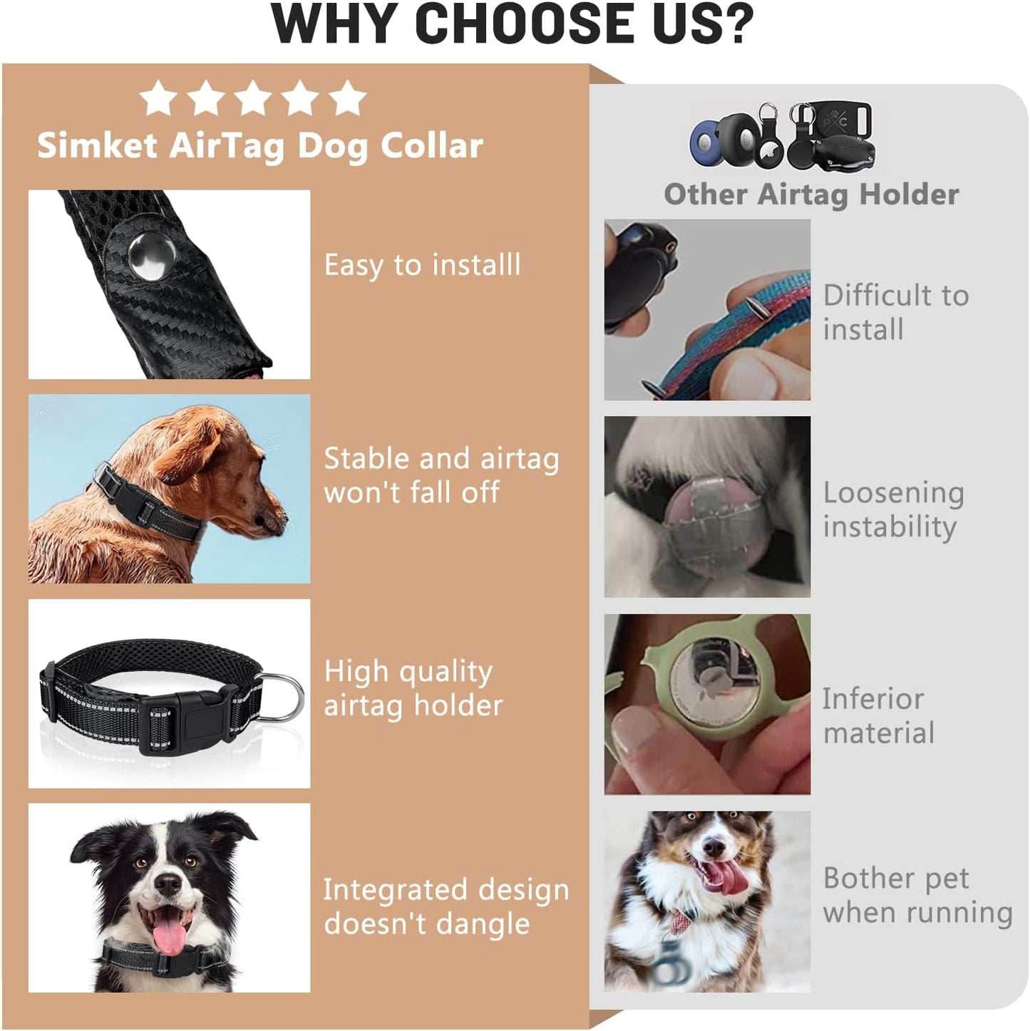 Reflective Airtag Dog Collar, Breathable Black Nylon Dog Collar with Airtag Holder, the Waterproof Dog Collar Airtag, Dog Tracking Collar, Adjustable Airtag Accessories Dog Collar for Medieum Dogs  Simket   