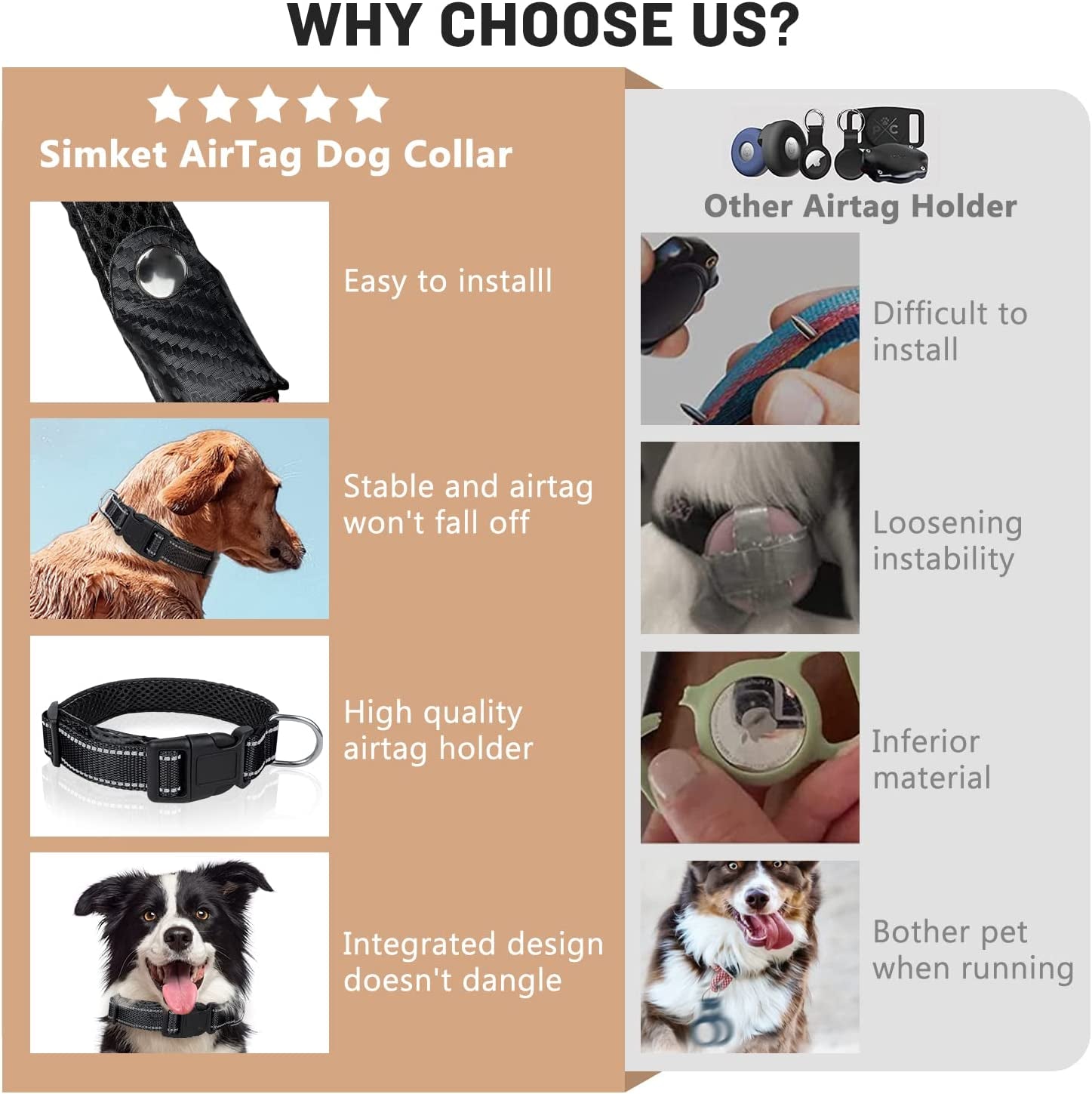 Reflective Airtag Dog Collar, Breathable Black Nylon Dog Collar with Airtag Holder, the Waterproof Dog Collar Airtag, Dog Tracking Collar, Adjustable Airtag Accessories Dog Collar for Medieum Dogs  Simket   