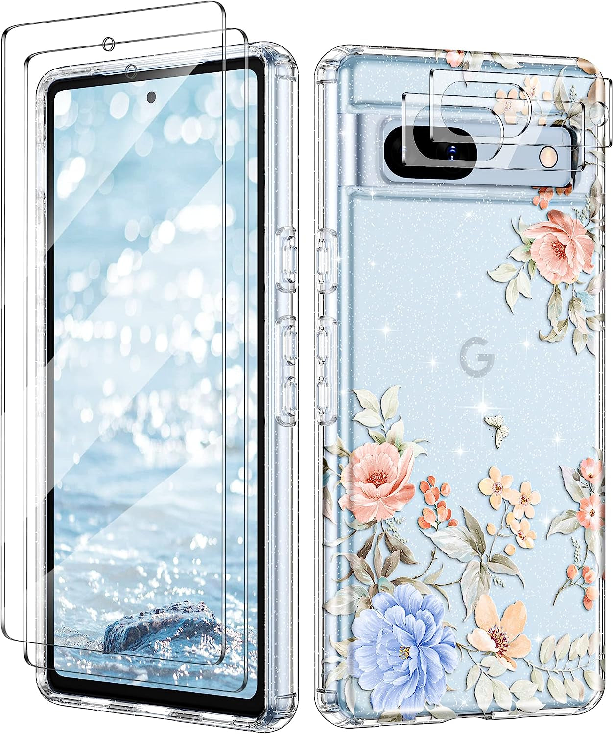 Lamcase Compatible with Google Pixel 7A Case, with 2 Screen Protector + 2 Camera Lens Protector Crystal Bling Sparkly Shiny Soft Flexible TPU Slim Drop Protection for Women Girls, Apricot Flower  Lamcase Tea Rose  