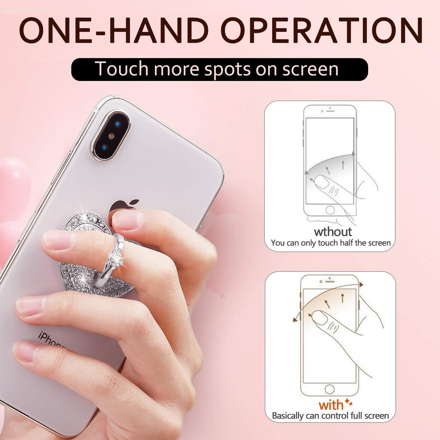 Cell Phone Finger Ring Stand with Sparkly Diamond, Nsiucion Heart Phone Ring Kickstand Holder [Washable] [Removable], 360°Rotation Zinc Alloy Ring Grip Stand for All Phones and Tablets (Silver)  Nsiucion   