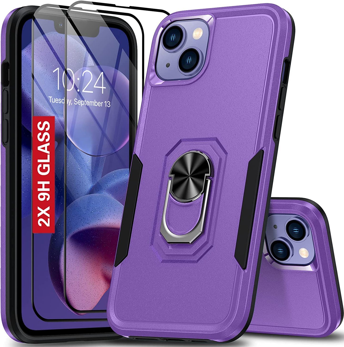 Oterkin for Iphone 14 Pro Case,Iphone 14 Pro Phone Case with [360°Rotatable Stand Ring][2Pcs 9H HD Tempered Glass Screen Protector][10Ft Military Grade Shockproof] Case for Iphone 14 Pro (Blue)  Oterkin Purple Iphone 14 Plus 