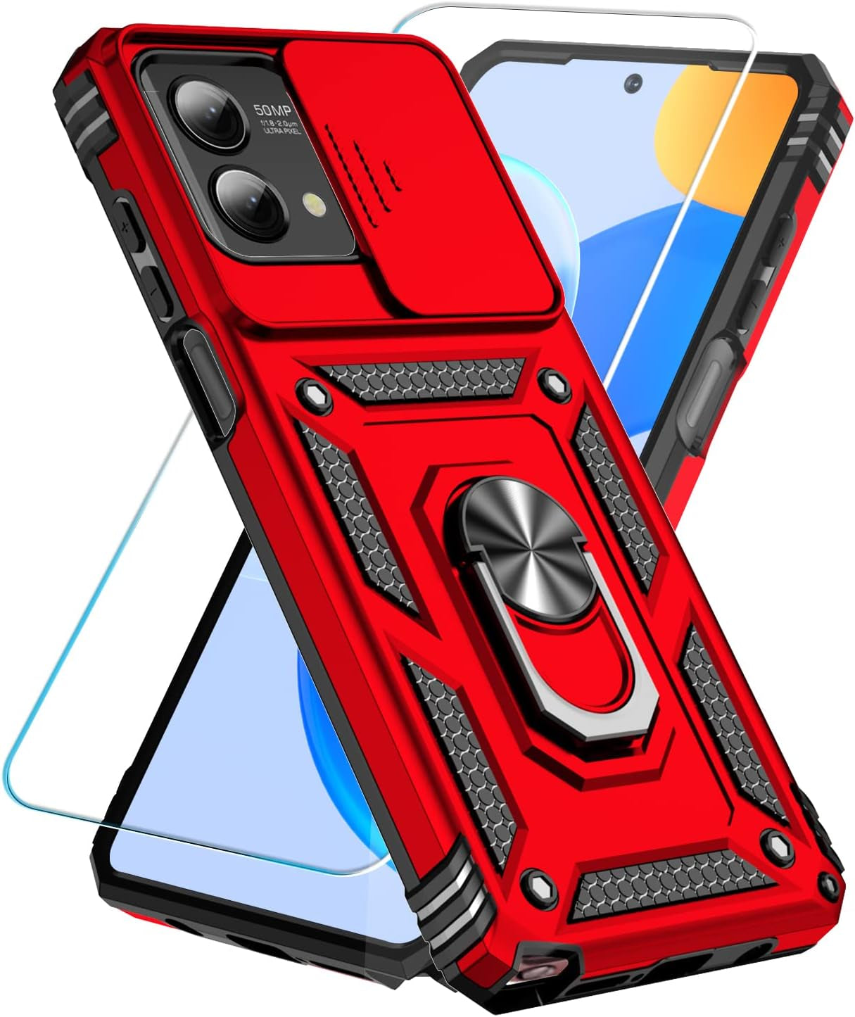 Sunstory for Motorola Moto G Stylus 5G 2023 Case with Tempered Glass Screen Protector & Slide Camera Cover & Kickstand, [Military-Grade] Phone Case for Moto G Stylus 5G 2023 (Blue)  SunStory Red  