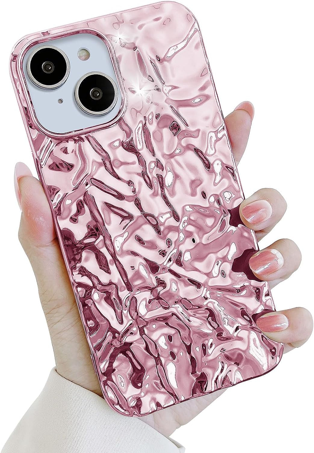 Yebowe Compatible with Iphone 13 Mini Case, Cute 3D Tin Foil Pleated Luxury Phone Cover for Women Girls Cool Bling Designer Soft Silicone Case for Iphone 13 Mini, Pink  Yebowe Rose Gold Iphone 13/Iphone 14 