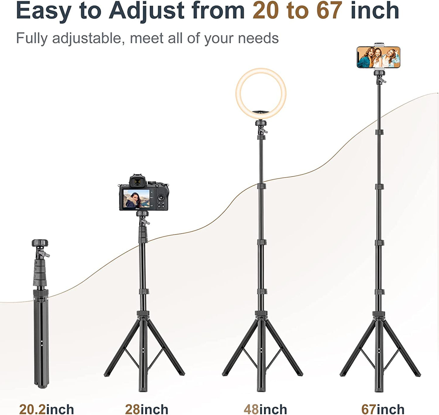 Torjim 67" Phone Tripod, Extendable Iphone Tripod Stand with Wireless Remote & Phone Holder, Aluminum Selfie Stick Tripod for Iphone/Camera/Gopro  Torjim   