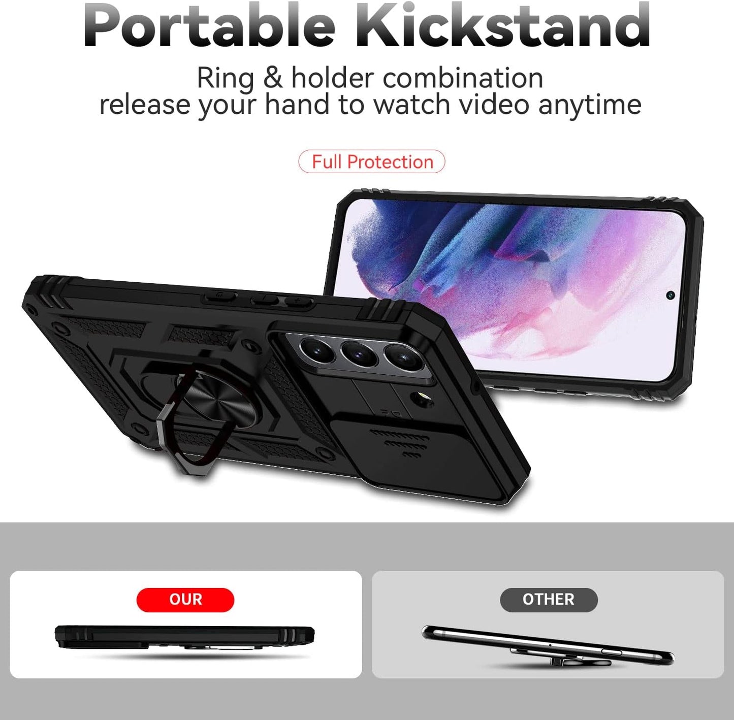 For Samsung Galaxy S22 Case with Camera Lens Cover HD Screen Protector, Dual Layer Military-Grade Drop Tested Magnetic Ring Holder Kickstand Protective Phone Case for Samsung Galaxy S22 5G (Black)  JINZHI Inc   