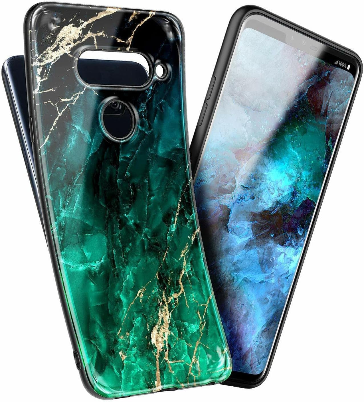 NZND Case for LG V40, LG V40 Thinq with Tempered Glass Screen Protector (Maximum Coverage), Ultra Slim Thin Glossy Stylish Protective, Marble Design Phone Case Cover -Green  NZND   