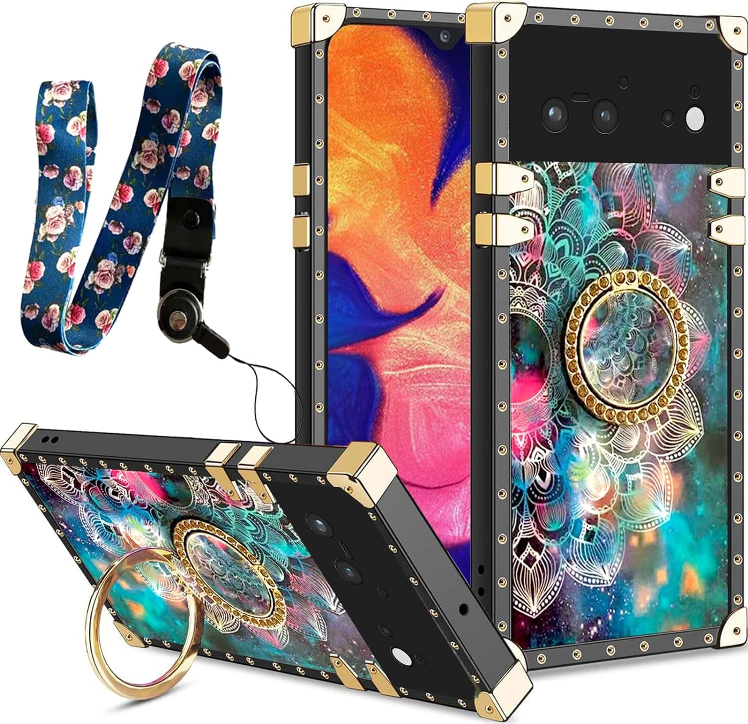 Nancheng Case for Google Pixel 6A (Not Pixel 6/6 Pro) Square Back Cover Design Colorful Petal Stars Sky with Diamond Holder Ring Strap Lanyard Shockproof Protective Phone Case for Pixel 6A - Flowers  nancheng Pixel 6-Flower  