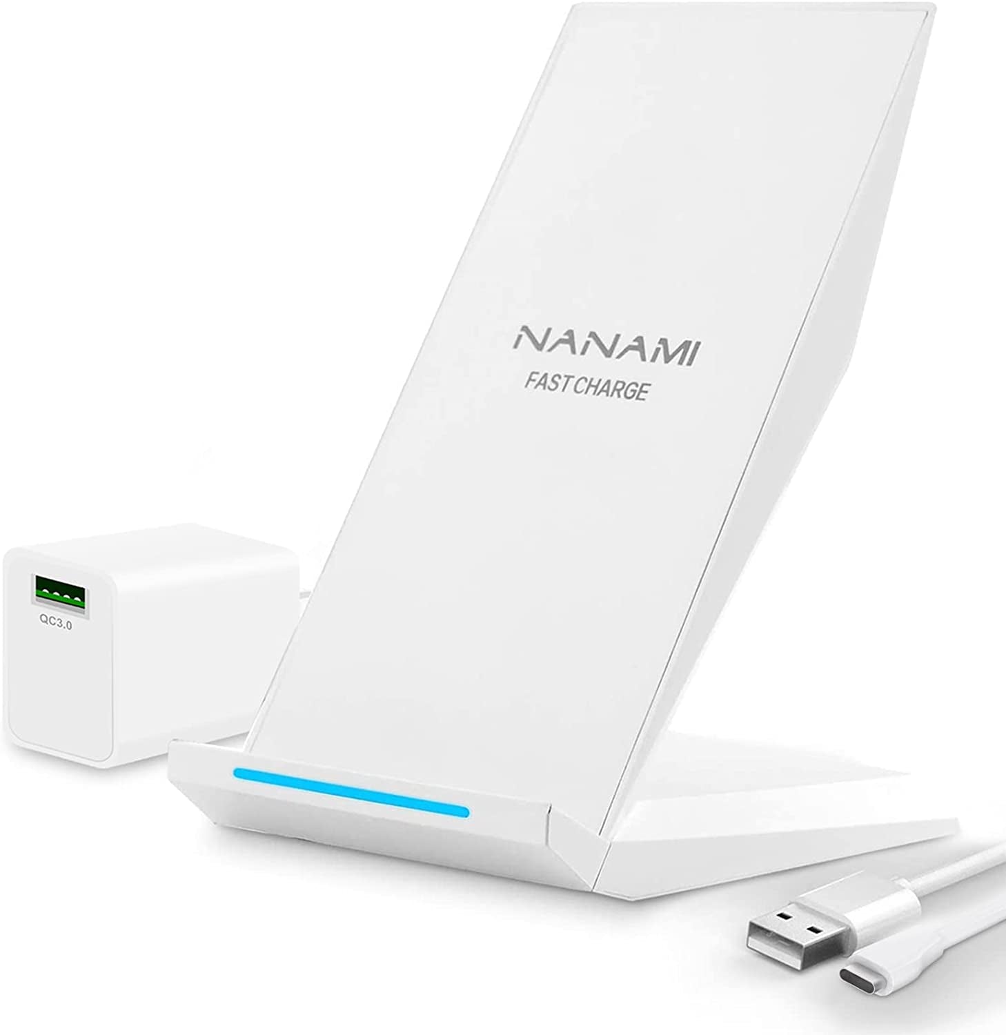 NANAMI Fast Wireless Charger with USB Phone Charger, Qi Certified Charging Stand with QC3.0 Adapter 7.5W Compatible Iphone 14/13/12/SE 2020/11/XS,10W for Samsung Galaxy S23/S22/S21/S20/S10/Note 20/10  NANAMI Elegant White  