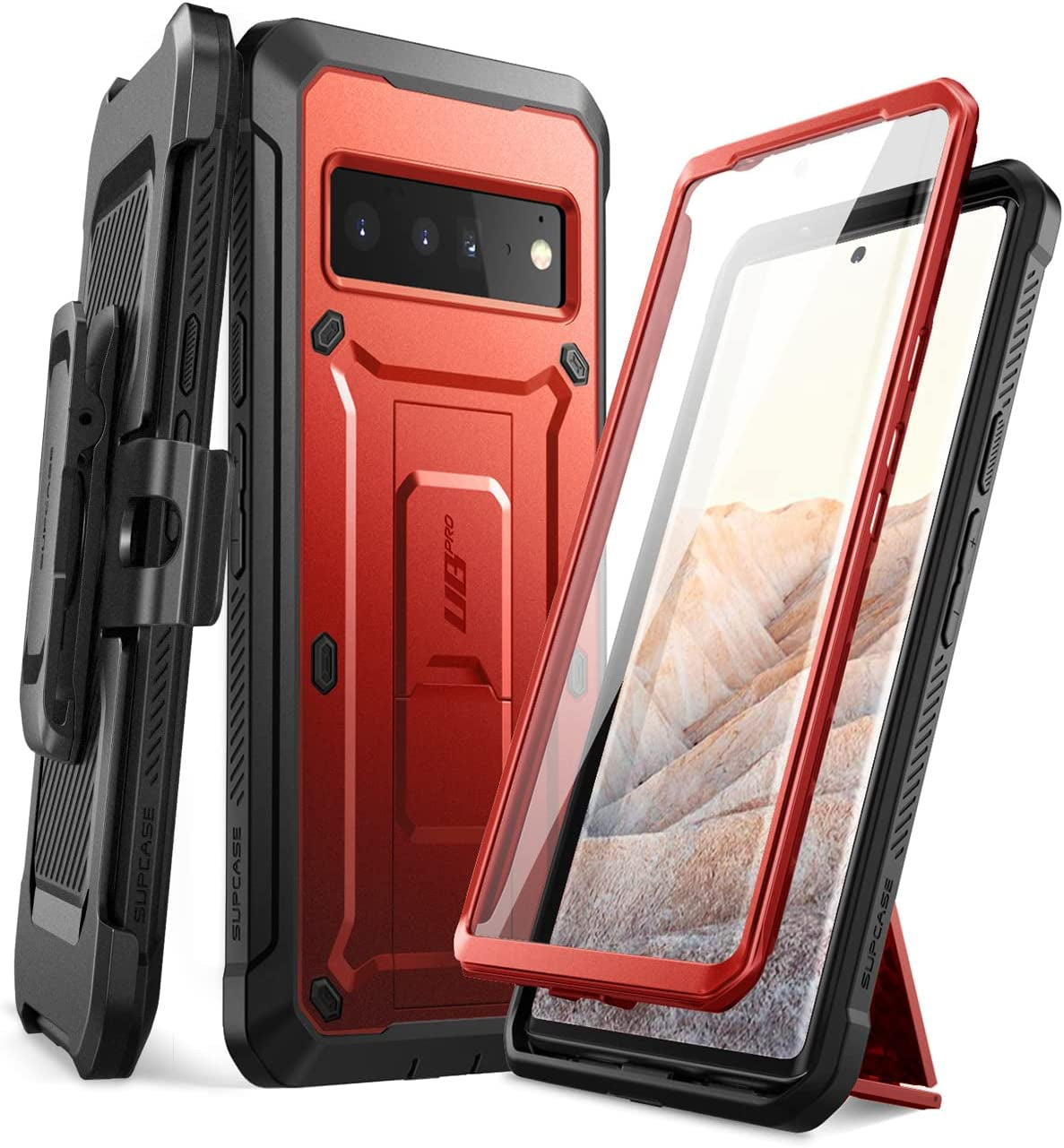 SUPCASE Unicorn Beetle Pro Full-Body Rugged Holster Case with Built-In Screen Protector for Google Pixel 6 Pro (2021), Black  SUPCASE Red  