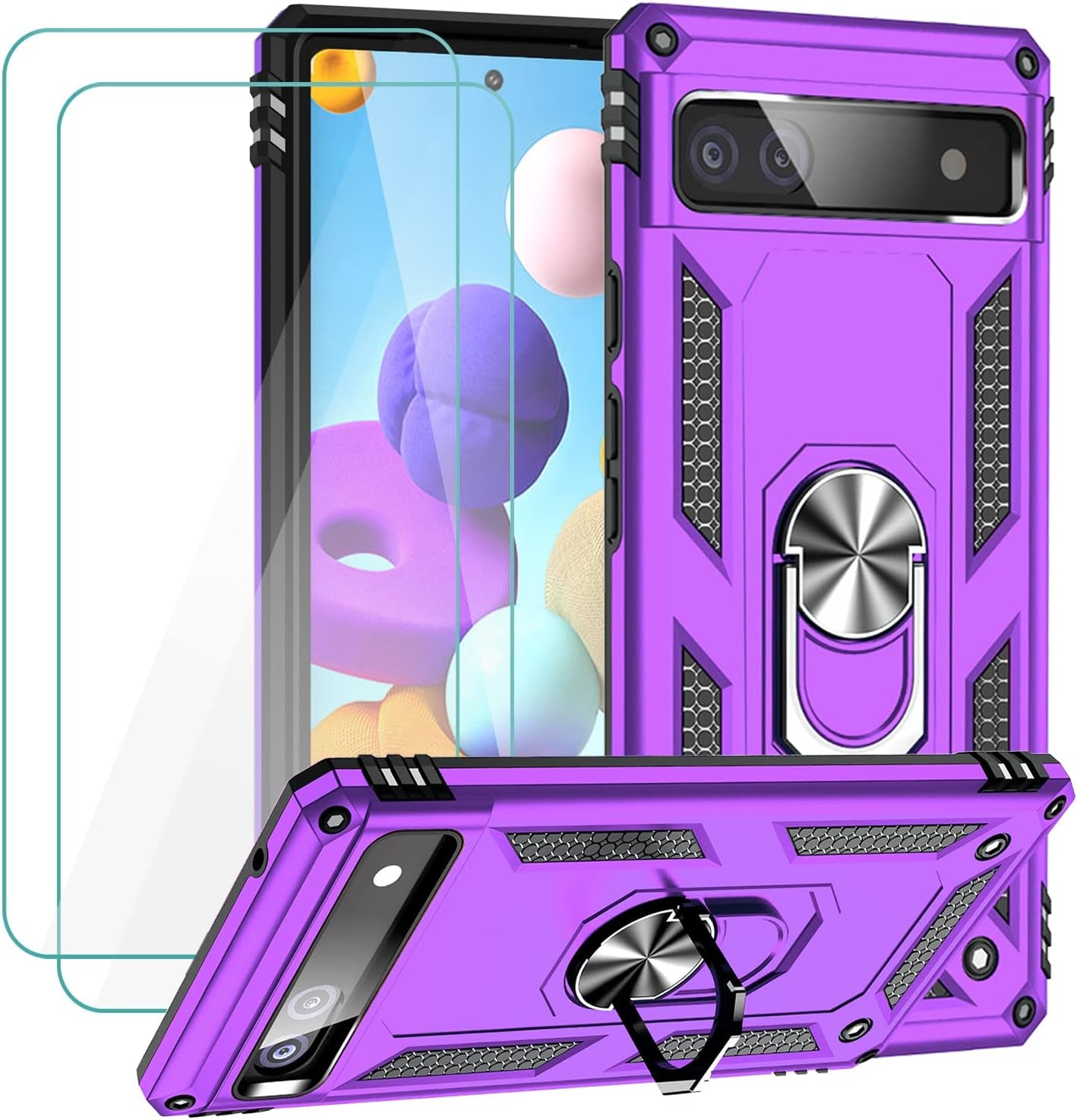 Muntinfe for Google Pixel 6A Case with Tempered Glass Screen Protector [2 Pack], Military-Grade Armor Shockproof Protective Phone Cover with Ring Magnetic Kickstand for Pixel 6A, Black  CAROL Purple  