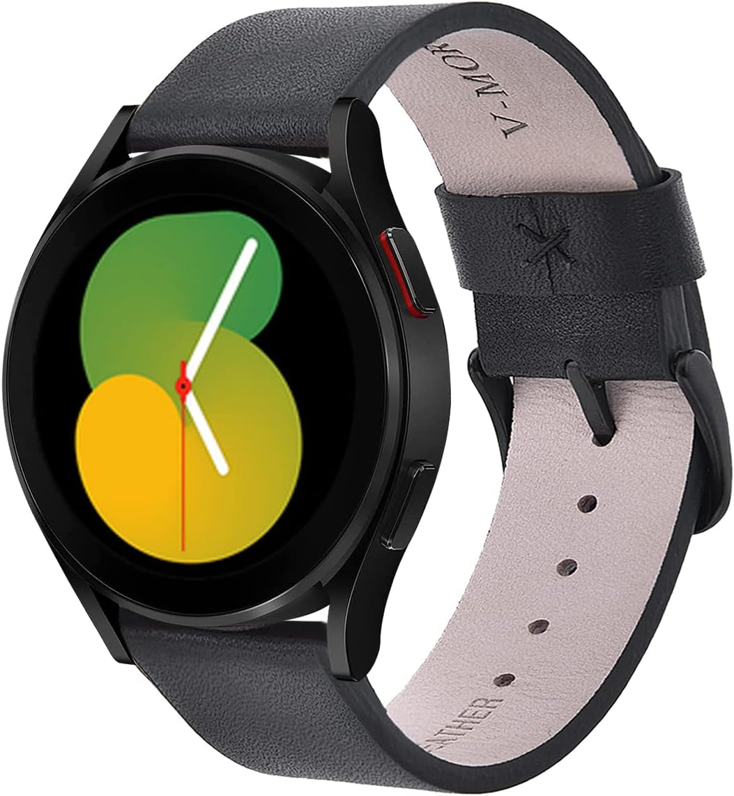 V-MORO Leather Strap Compatible with Galaxy Watch 5/4 Band 40Mm 44Mm/Galaxy Watch 4 Classic 42Mm 46Mm 20Mm Watch Band with Rose Gold Stainless Steel Buckle Replacement for Galaxy Watch 42Mm/Active 2  V-Moro Black  