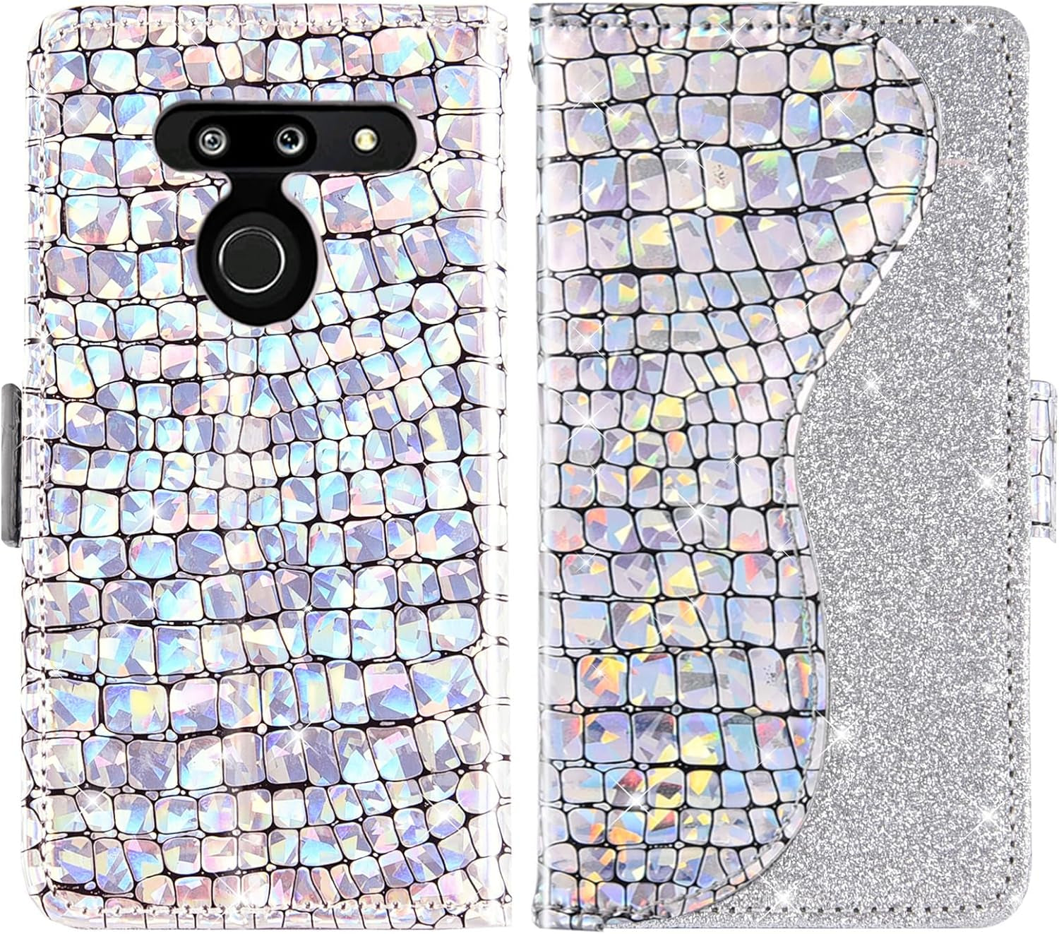 Asuwish Phone Case for LG G8 Thinq Wallet Cover with Screen Protector and Wrist Strap Flip Credit Card Holder Bling Glitter Stand Cell LGG8 Thin Q G 8 LG8 G8Thinq Lgg8Thinq 8G Women Girls Silver  Asuwish   