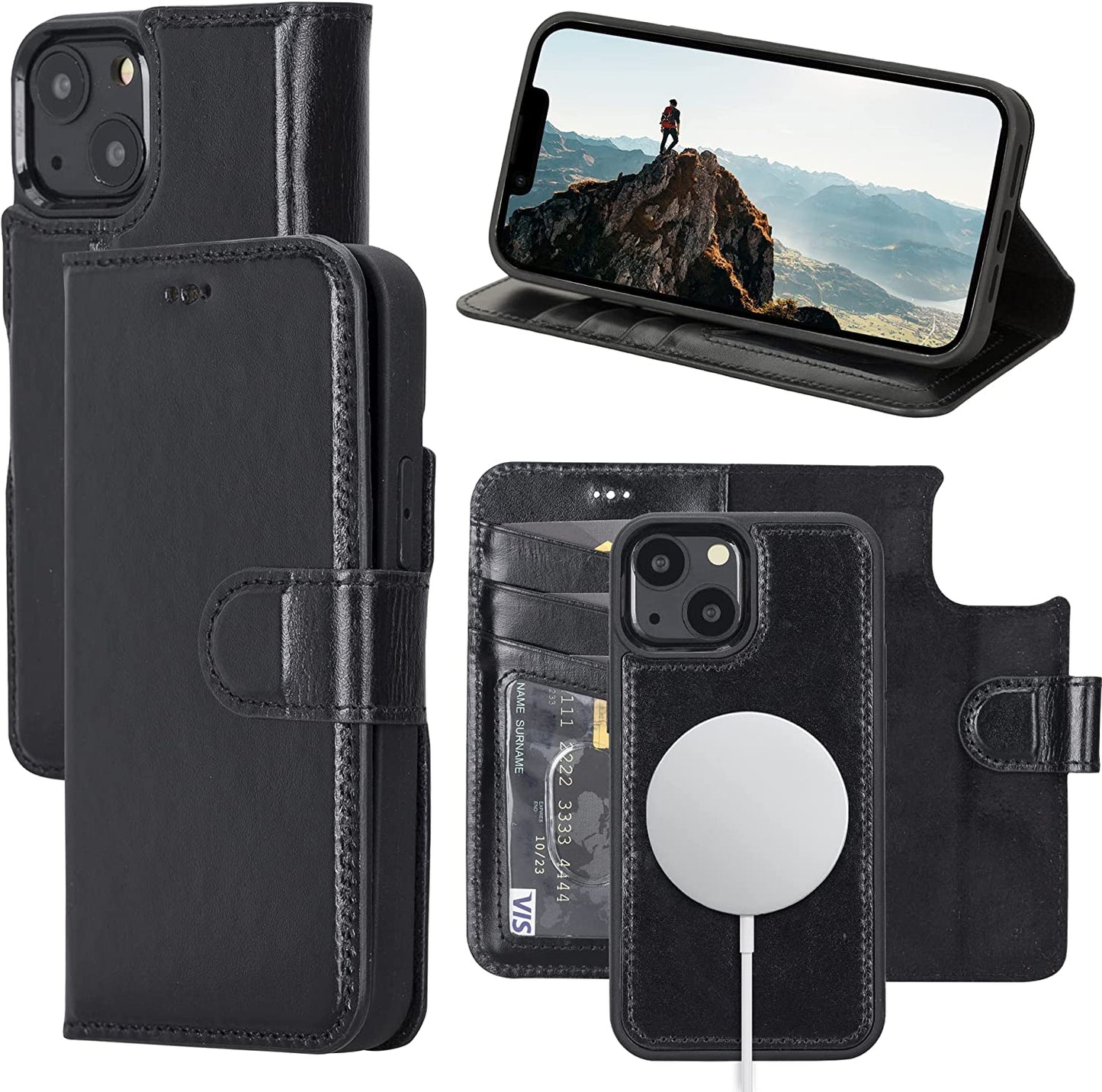 OXA Leather 2-In-1 Wallet Case Compatible with Iphone 14 Pro Max | Magnetic Detachable | Shockproof | RFID Blocking | Flip Case with Kickstand | Compatible with Magsafe | - Purple  OXA Black iPhone 14 Plus 