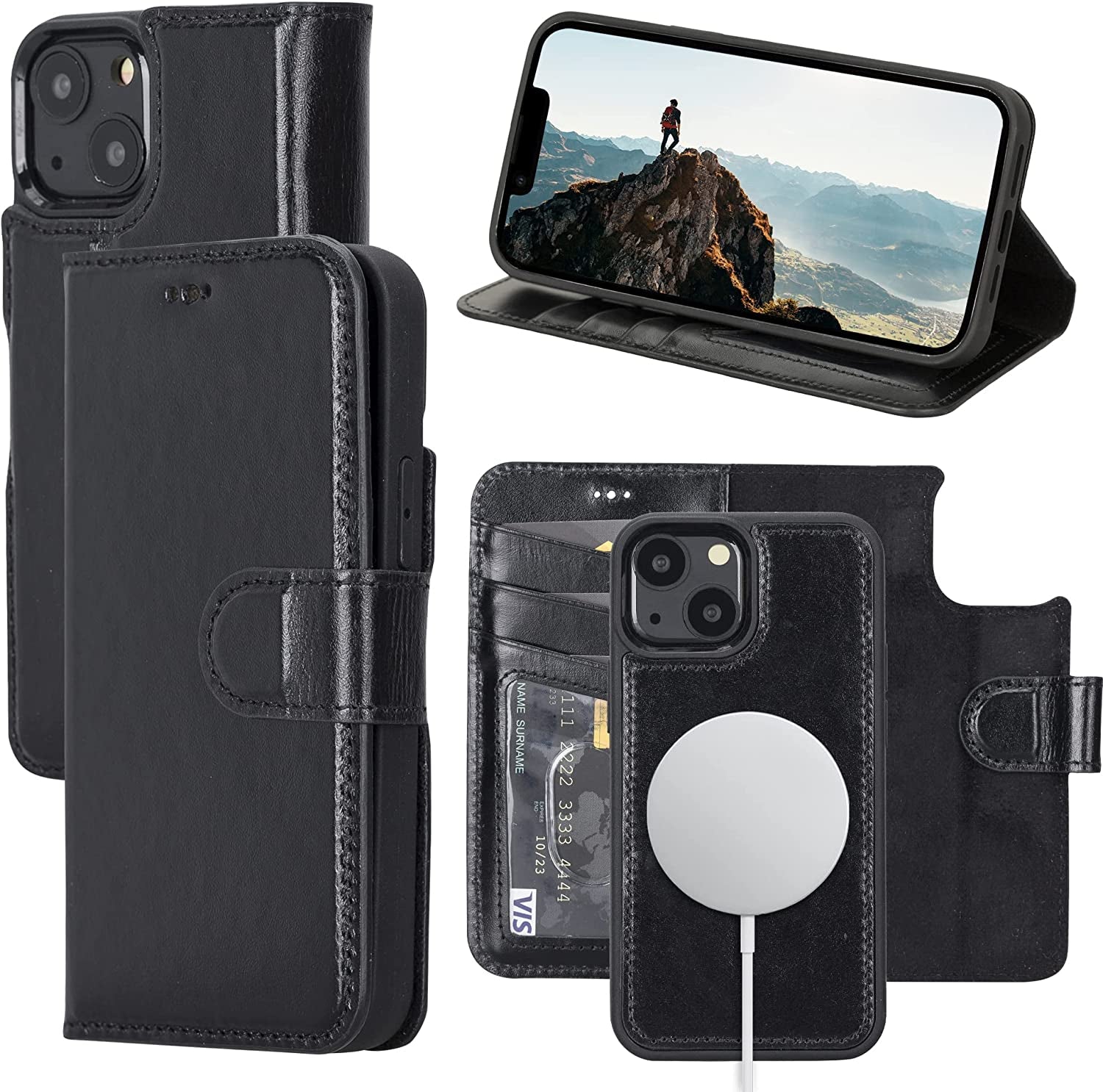 OXA Leather 2-In-1 Wallet Case Compatible with Iphone 14 Pro Max | Magnetic Detachable | Shockproof | RFID Blocking | Flip Case with Kickstand | Compatible with Magsafe | - Purple  OXA Black iPhone 14 Plus 