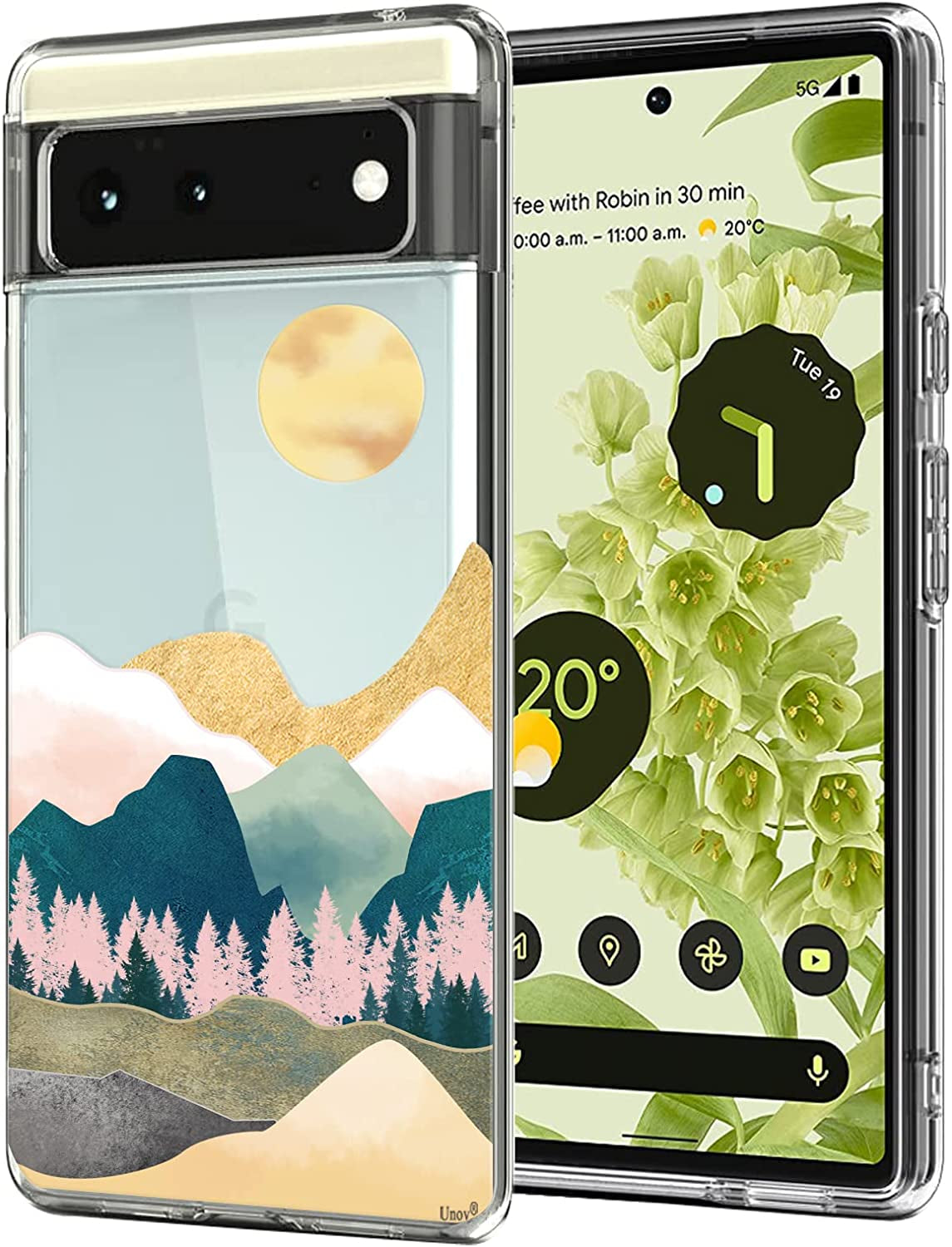 Unov Case Compatible with Pixel 6 Case Clear with Design Soft TPU Shock Absorption Slim Embossed Pattern Protective Back Cover 6.4 Inch (Flower Garden)  Unov Sierra Mountains  