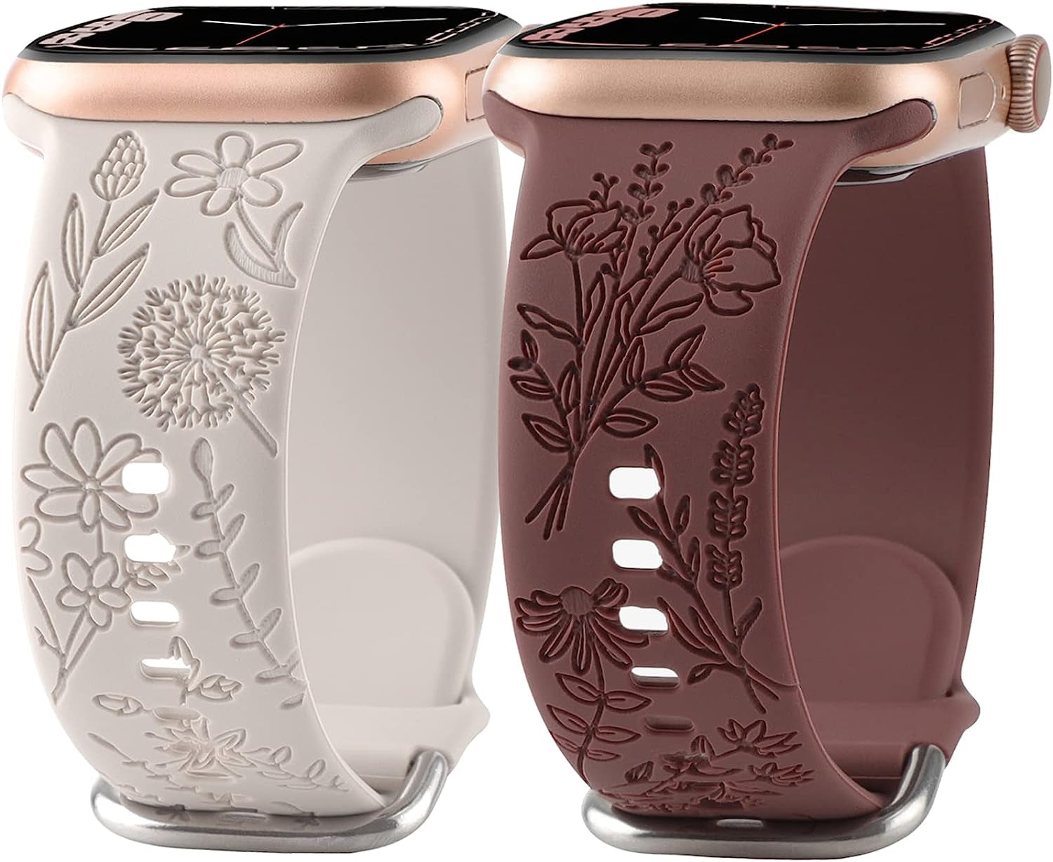 Flower Engraved Silicone Band Compatible with Apple Watch Bands 38Mm 40Mm 41Mm, Cute Women Wildflowers Floral Design Soft Sport Strap Replacement Wristbands for Iwatch Series 8 7/SE/6/5/4/3/2/1  FERJITGR Starlight Smoke Violet 42/44/45mm 