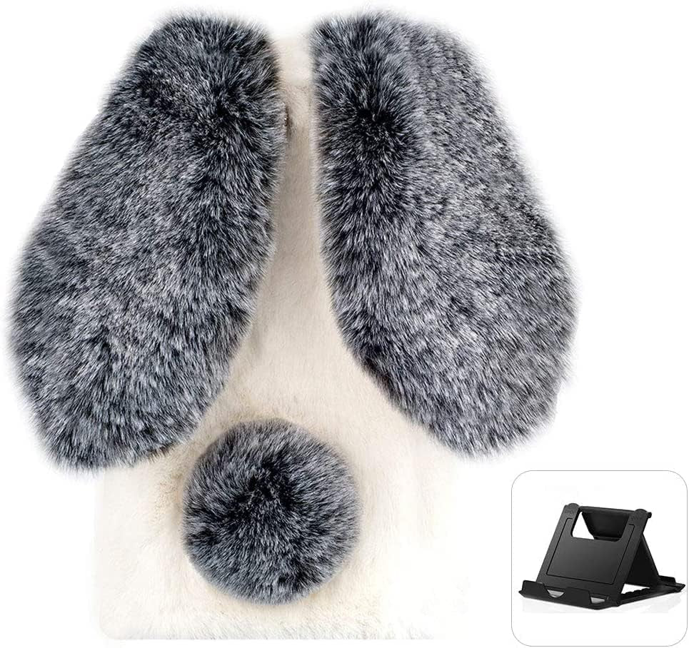 Shinyzone Plush Rabbit Case Compatible with Google Pixel 6 Pro,Fluffy Fuzzy Cute 3D Bunny Ears Soft Warm Case Faux Fur Shockproof TPU Back Cover with Bling Diamond Chic Bowknot,Dark Grey  Shinyzone Black And White Google Pixel 6A 