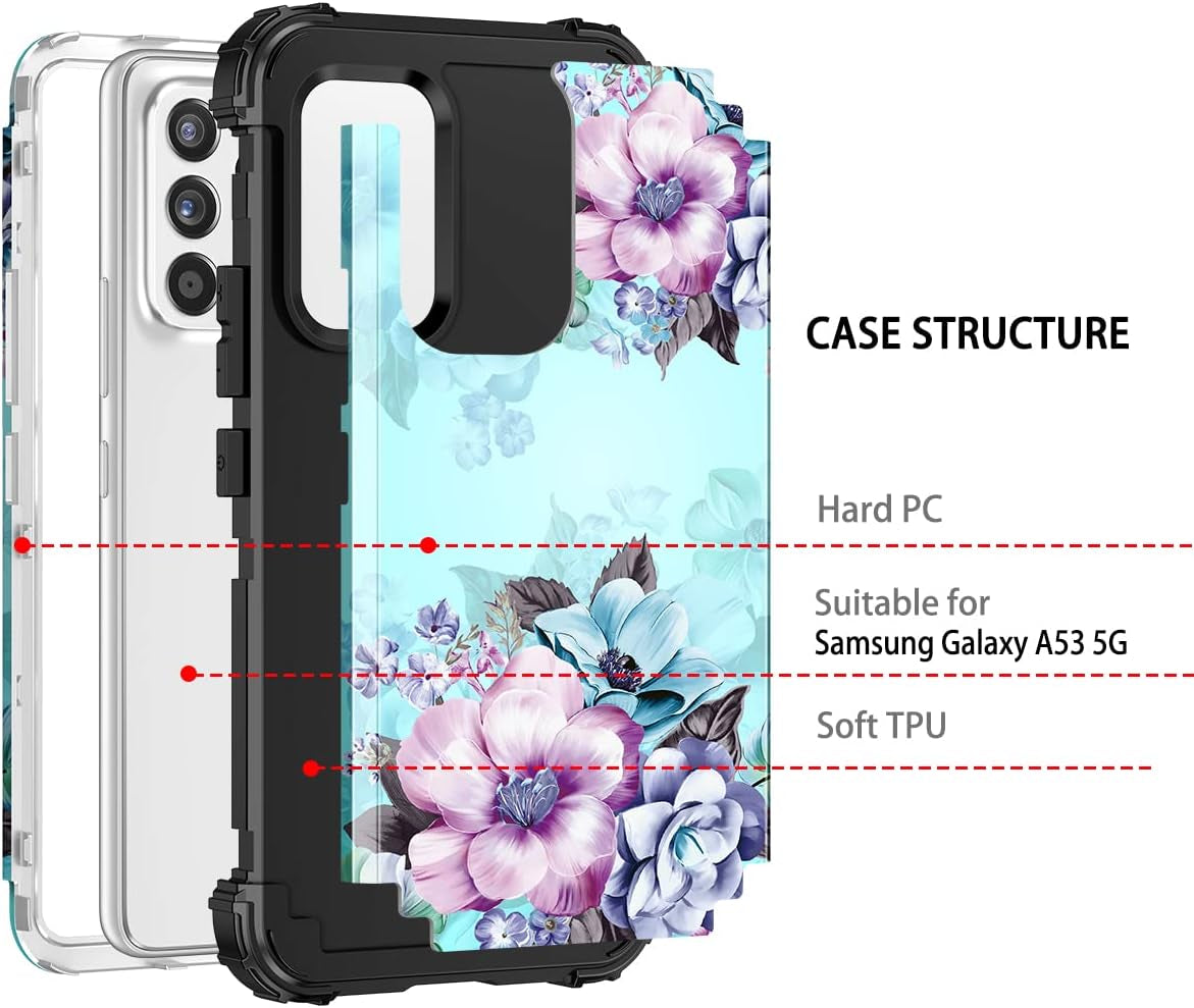 Casetego Compatible with Galaxy A53 5G Case,Floral Three Layer Heavy Duty Sturdy Shockproof Full Body Protective Cover Case for Samsung Galaxy A53 5G,Blue Flower  Casetego   