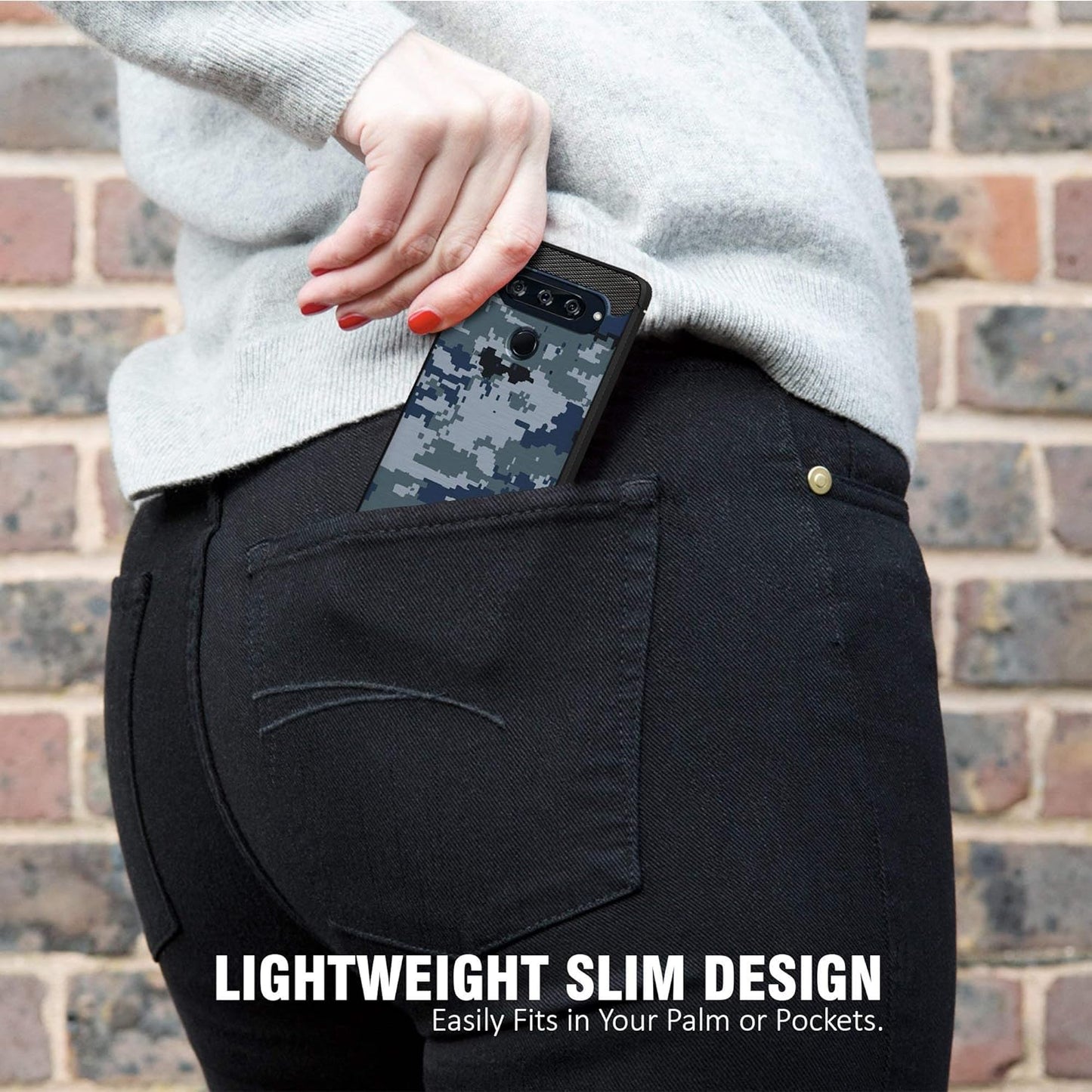 Casesondeck Fitted Case Compatible with [LG V40 Thinq] Carbon Fiber Accents Bump and Drop Protecting Flexible TPU (Blue Digital Camo)  CasesonDeck   