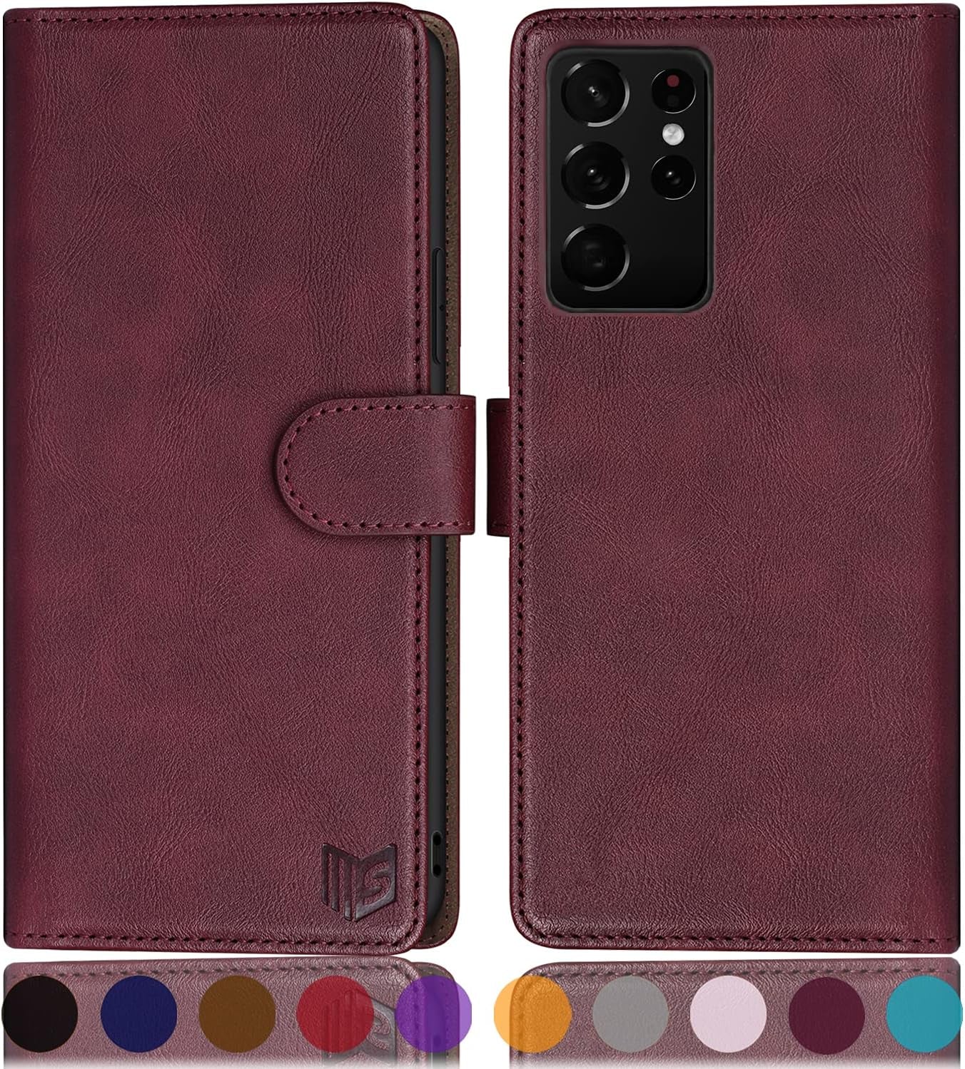 SUANPOT for Samsung Galaxy S21 Ultra 6.8" with RFID Blocking Leather Wallet Case Credit Card Holder,Flip Folio Book Phone Case Shockproof Cover Women Men for Samsung S21 Ultra Case Wallet Red  SUANPOT Wine Red  