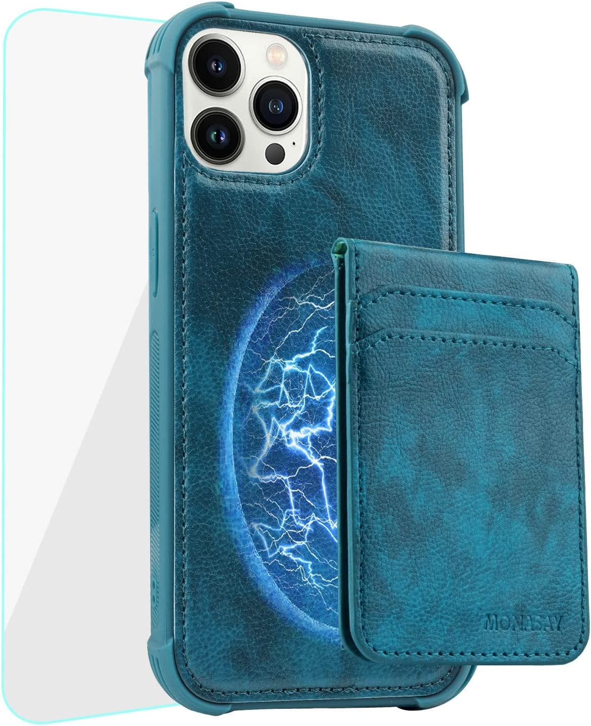 MONASAY Magwallet Case for Iphone 13 Pro Max,[Support Magsafe Wireless Charging][Glass Screen Protector] Flip Magnetic Leather Wallet Phone Cover with Detachable RFID Blocking Card Holder, Dark Green  MONASAY   