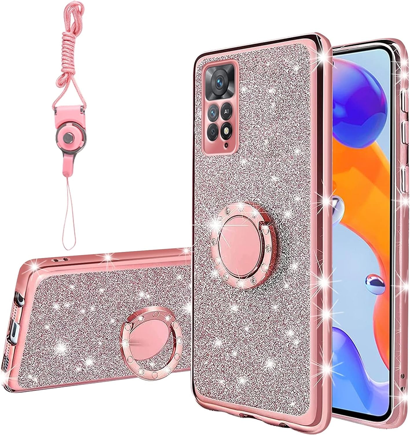 TSAYGFK for Xiaomi Redmi Note 11 Pro 5G Case for Women Glitter Crystal Soft Stylish Clear TPU Luxury Bling Cute Protective Cover with Kickstand Strap for Redmi Note 11 Pro 5G/4G (Glitter Rose)  TSAYGFK   