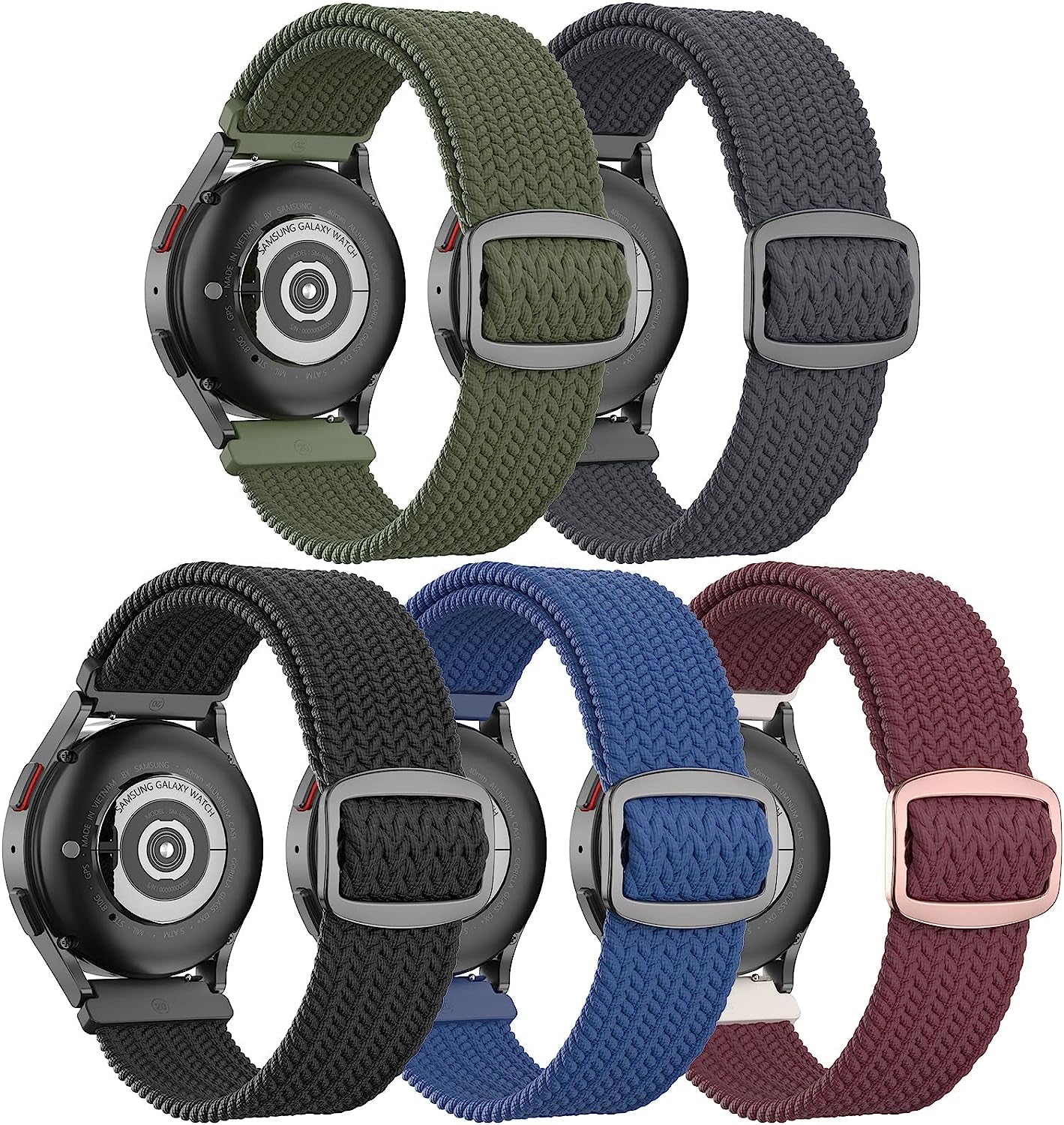 5 Pack Stretchy Nylon Watch Bands Compatible with Samsung Galaxy Watch Active 2 Bands 40Mm 44Mm/Active 40Mm/Galaxy Watch 3 41Mm/Galaxy Watch 42Mm/Gear S2/Galaxy Watch 4 Fabric 20Mm Wristband  MEULOT Z-Black/ArmyGreen/Blue/Charcoal/WineRed  