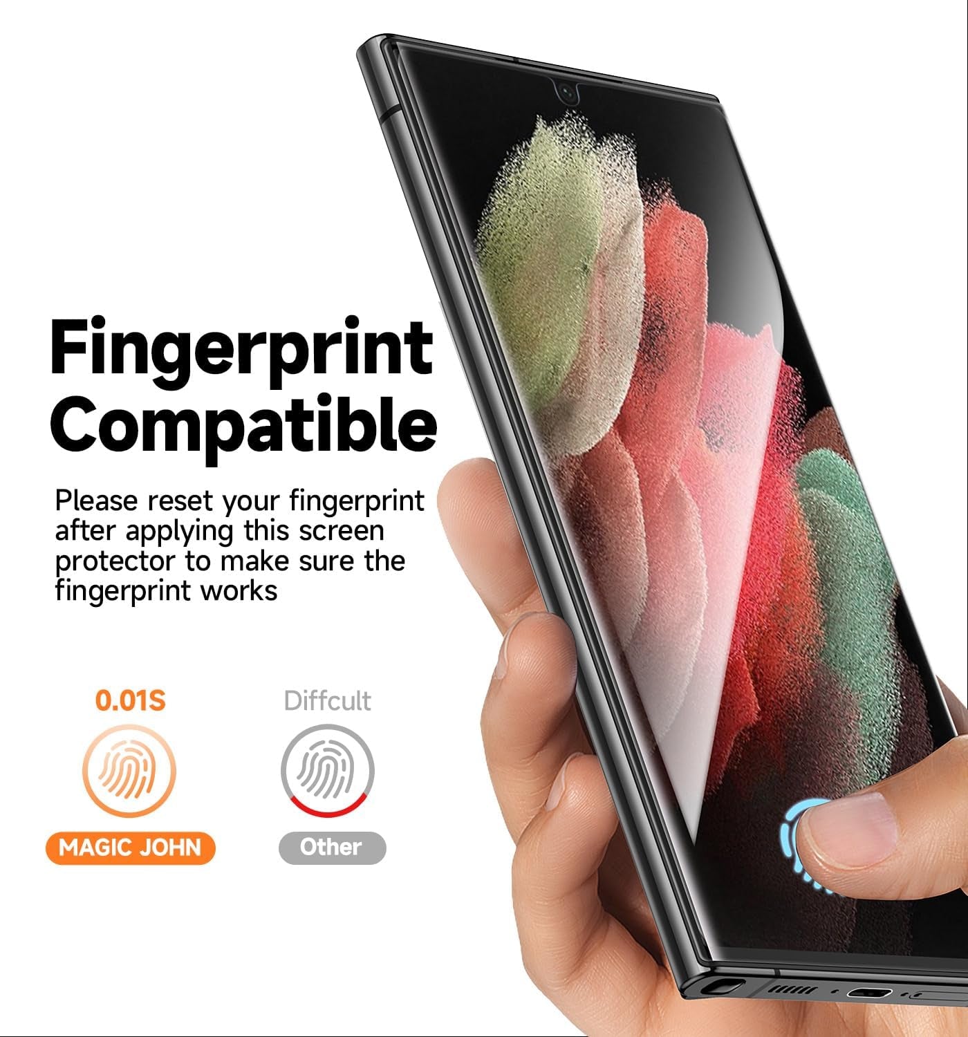 MAGIC JOHN 2 Pack for Samsung Galaxy S21 Ultra Screen Protector [Ceramic Film Material Not Glass] 6.8 Inch,[100% Fingerprint ID Compatible] Easy Installation Tray, Shock-Resistant, 3D Curved, Bubble Free, Scratch Proof, HD Clear, Case Friendly  MAGIC JOHN   