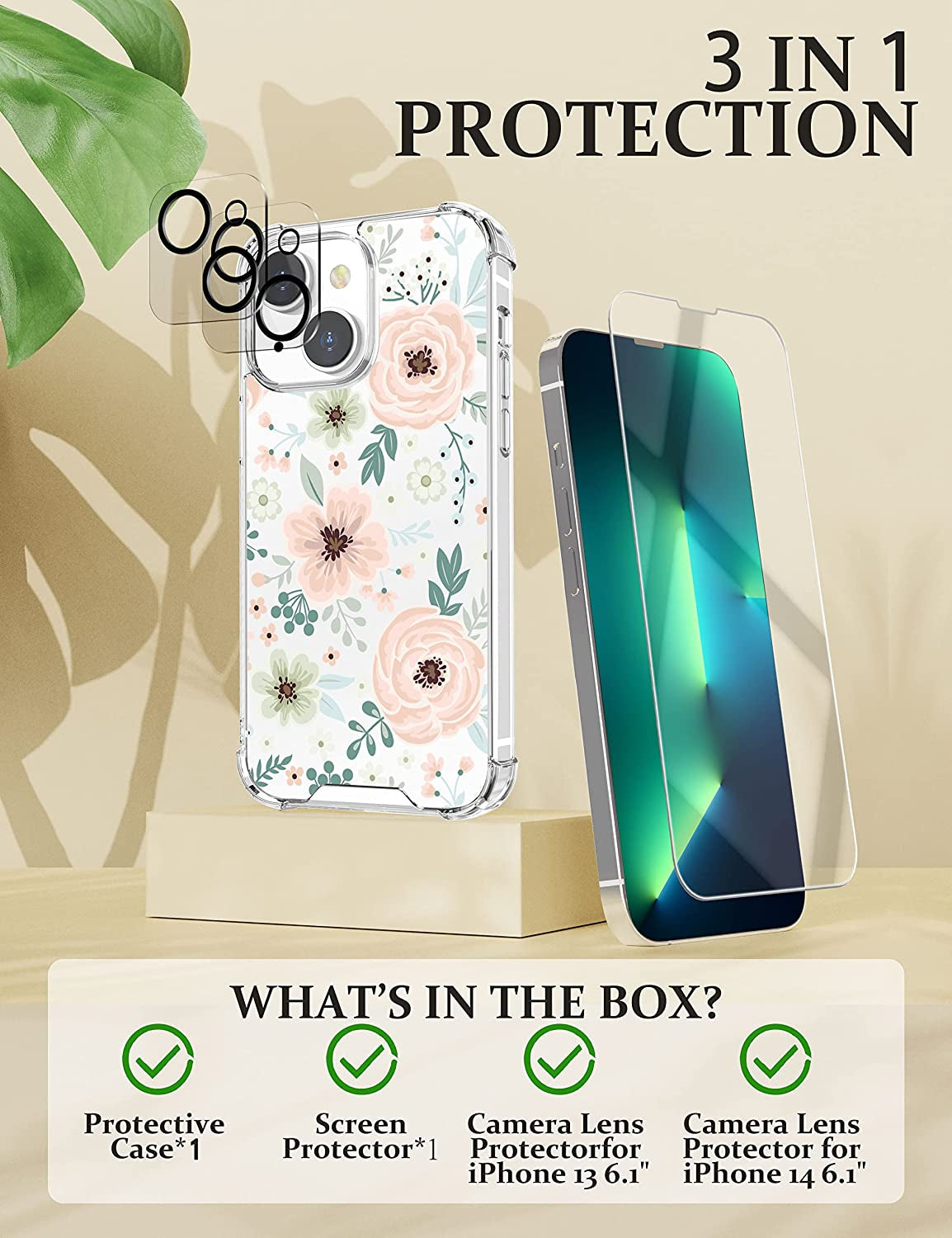 Cutebe [3 in 1 Crystal Phone Case for Iphone 13(2021)/Iphone 14(2022) 6.1", Cute Protective Cover with 9H Temper Glass Screen Protector + HD Temper Camera Lens Protector for Women, Girls  Cutebe   