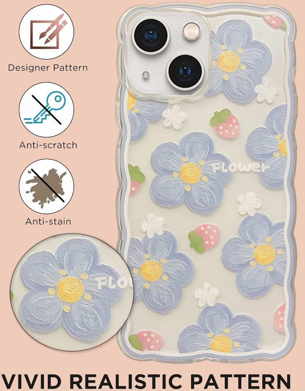 GUSDBSW Cute Iphone 14 plus Case for Women Girls, Lovely Floral Strawberry Pattern Wave Comfortable Grip Design for Girly, Slim Thin Soft Flexible TPU Clear Protective Phone Case - Blueberry Flower  GUSDBSW   