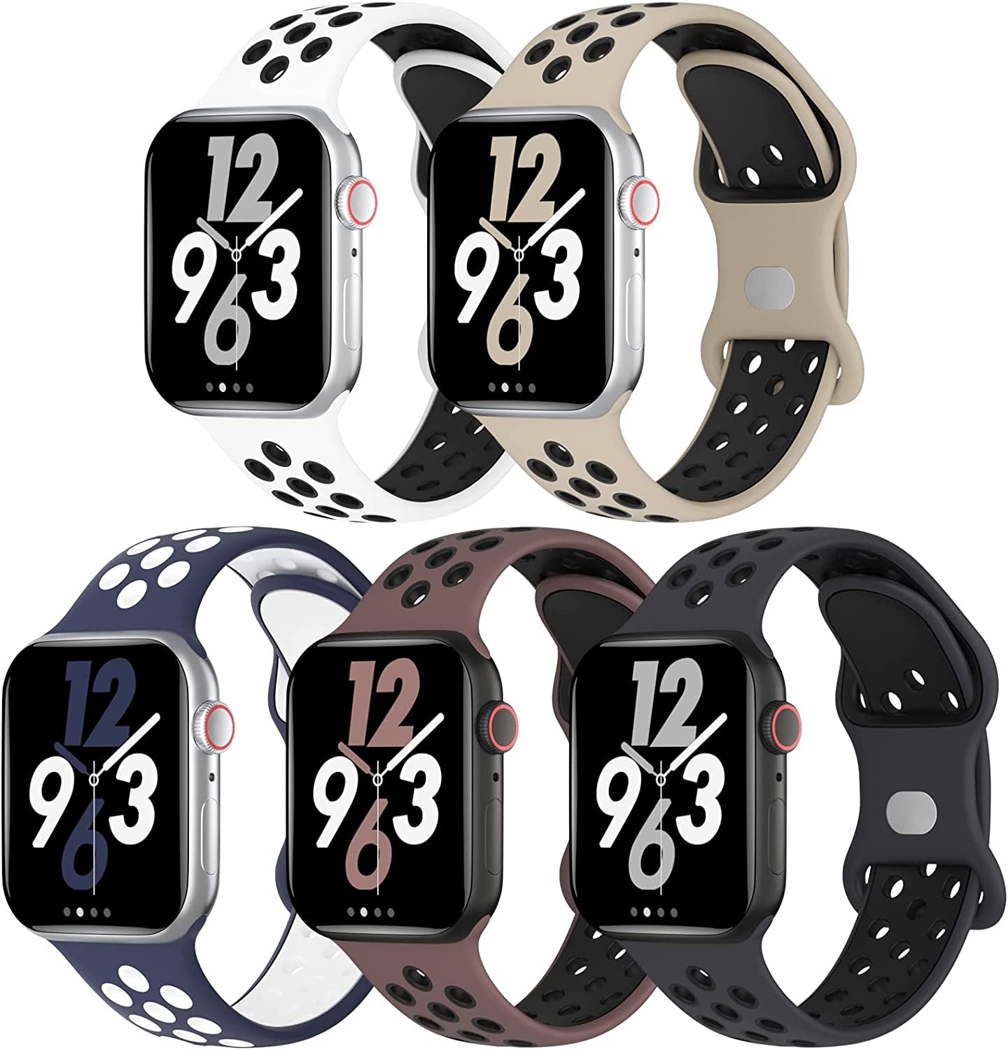 Biudien 5 Pack Sport Bands Compatible with Apple Watch Band 49Mm 45Mm 44Mm 42Mm 41Mm 40Mm 38Mm, Soft Silicone Strap Replacement Breathable Wristband for Iwatch Ultra Series 8 SE 7 6 5 4 3 2 1  Biudien White Black/Stone Black/Blue White/Smokeviolet Black/Anthracite Black 38/40/41mm 