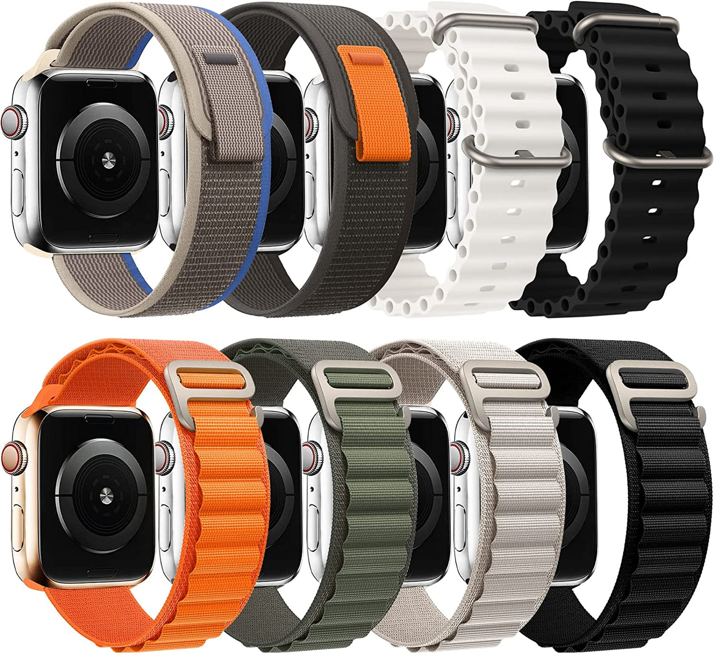 8 Pack Bands - Alpine Loop+Trail Loop+Ocean Band Compatible with Apple Watch Band 49Mm 45Mm 44Mm 42Mm for Men Women, Adjustable Sport Strap for Iwatch Ultra Series 8/7/6/5/4/3/2/1/SE  GDKBAND Black/Orange/Starlight/Green/Black/Blue/Black/White 42/44/45/49mm 