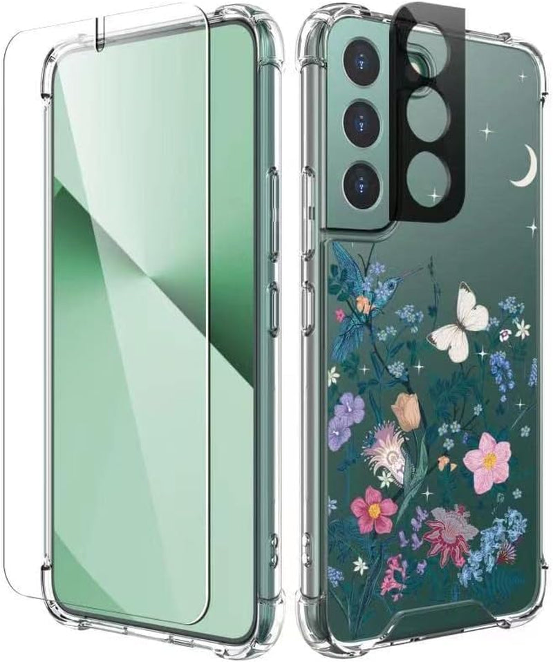 Cutebe Cute Clear Case for Samsung Galaxy S22 6.1 Inch 2022 Released, Shockproof Series Protective Cover with Screen Protector and Camera Lens Protector for Women, Girls  Cutebe S22-Night Flower  