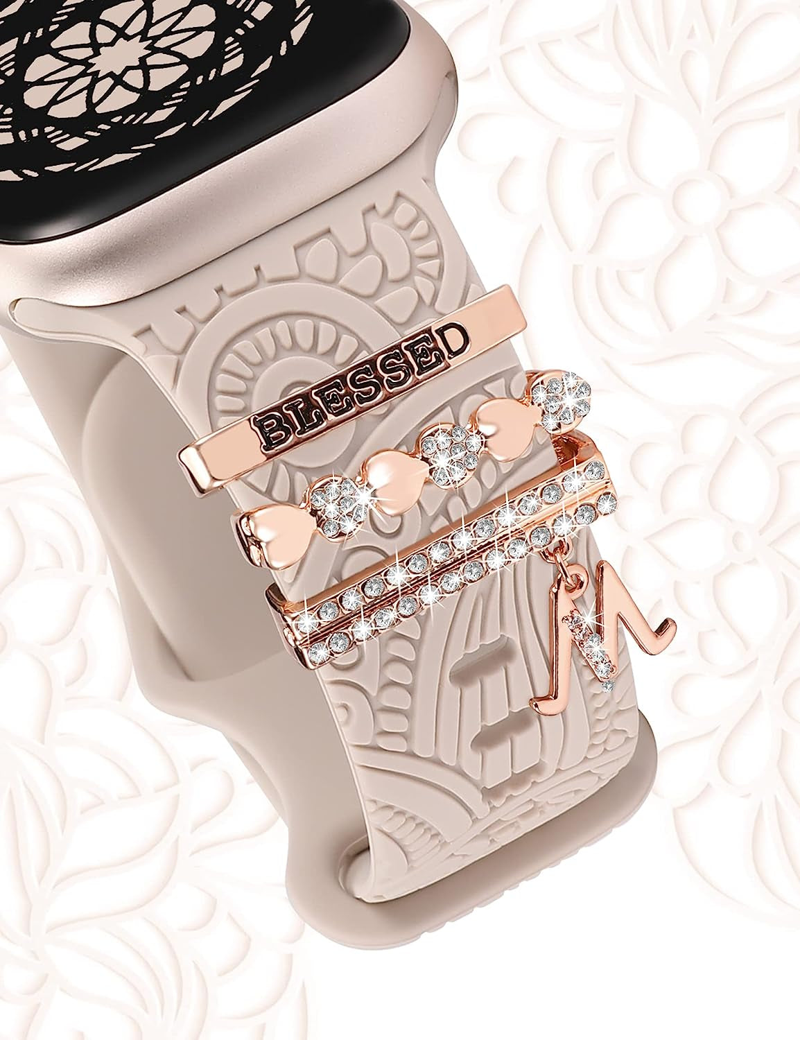 (Include Band) Decorative Ring Loops Compatible with Apple Watch Band Charms 41/40/38/42/44/45/49Mm Women, Boho Engraved Fancy Accessories Silicone Strap for Iwatch Series 8 SE Ultra 7 6 5 4 3 2 1  TOYOUTHS   