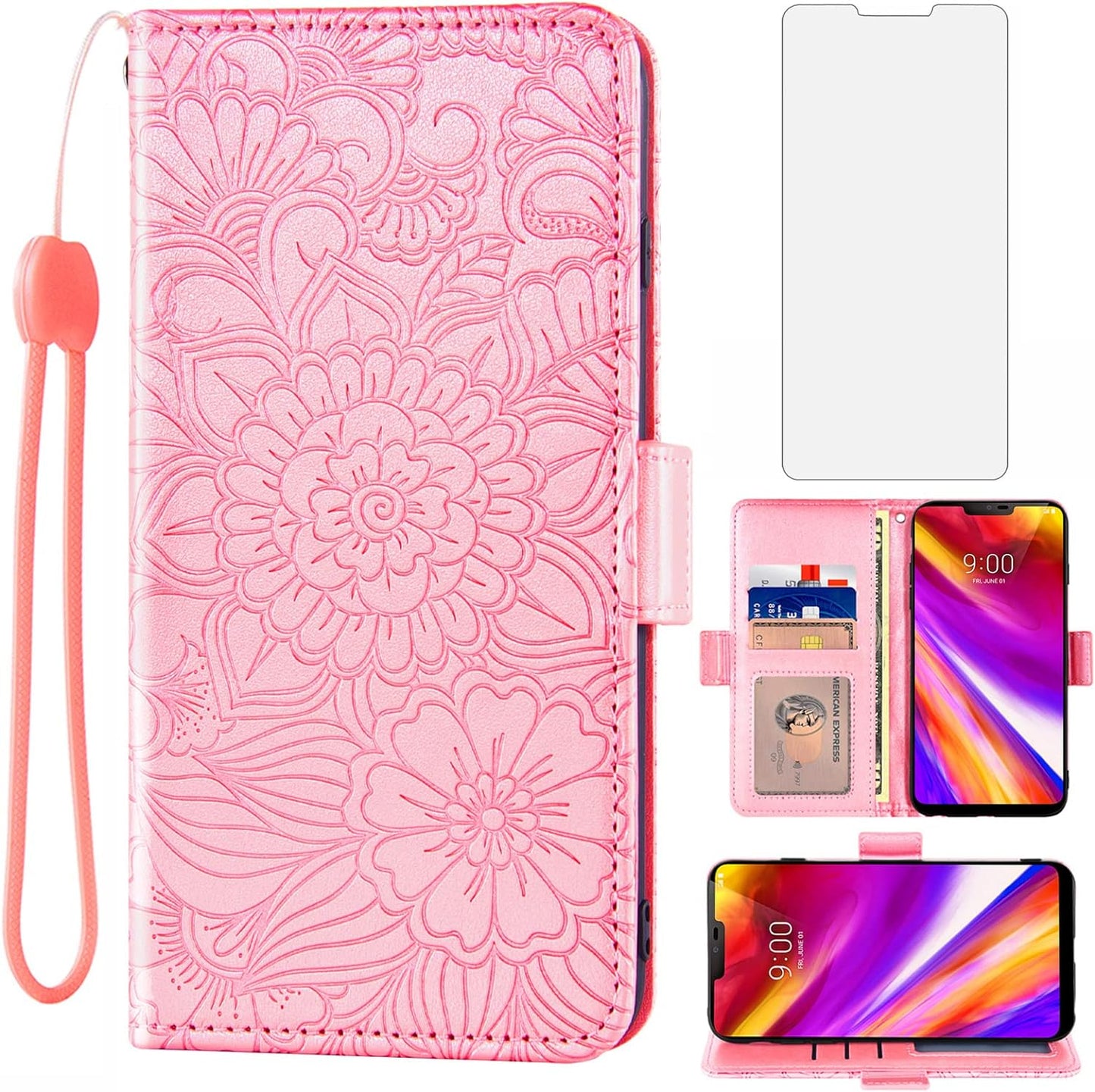 Compatible with LG G7 Thinq Wallet Case and Tempered Glass Screen Protector Card Holder Stand Phone Cover for LGG7 One G 7 plus LG7 Fit Lg7Thinq 7G Thin Q G7+ G7Thinq Lgg7Thinq Women Men Rose Gold  Asuwish   