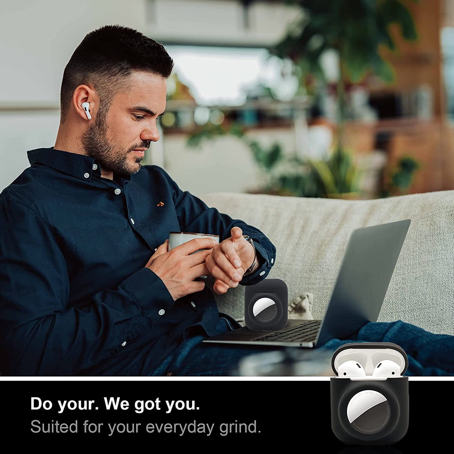 2 in 1 Silicone Protective Skin Cover Compatible with Airpod 1&2 and Airtag, Soft Comprehensive Protective Case with 2 PCS TPU Screen Protector, Anti-Scratch Anti-Fall Anti-Lost(Black)  Enspito   