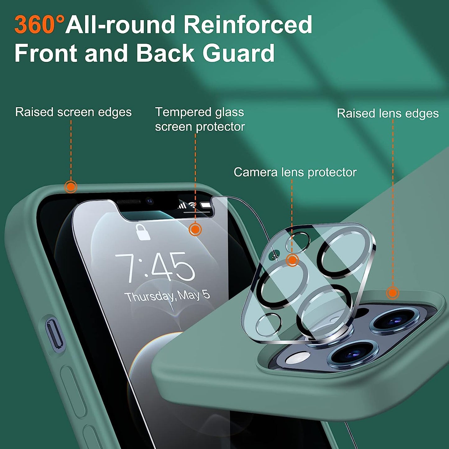 Uyiton [5 In1] Liquid Silicone Iphone 12 PRO Max Case, [Drop Protection] [Full Covered] Shockproof Slim Thin Cover with Microfiber Lining, with 2Xscreen Protector +2Xcamera Lens Protector-Green  Uyiton   