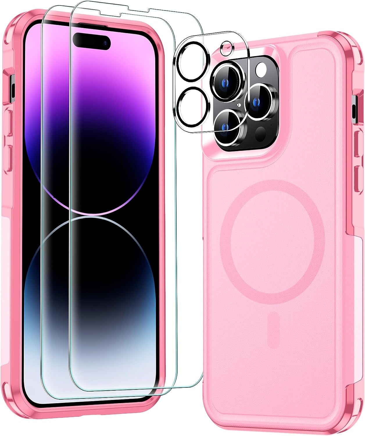 MOZOTER 6-In-1 Magnetic for Iphone 14 Pro Case,[Compatible with Magsafe][Glass Screen Protector+Camera Lens Protector] [Anti-Yellowing] Slim Shockproof for Iphone 14 Pro Phone Case 6.1 Inch-Clear  MOZOTER Pink  