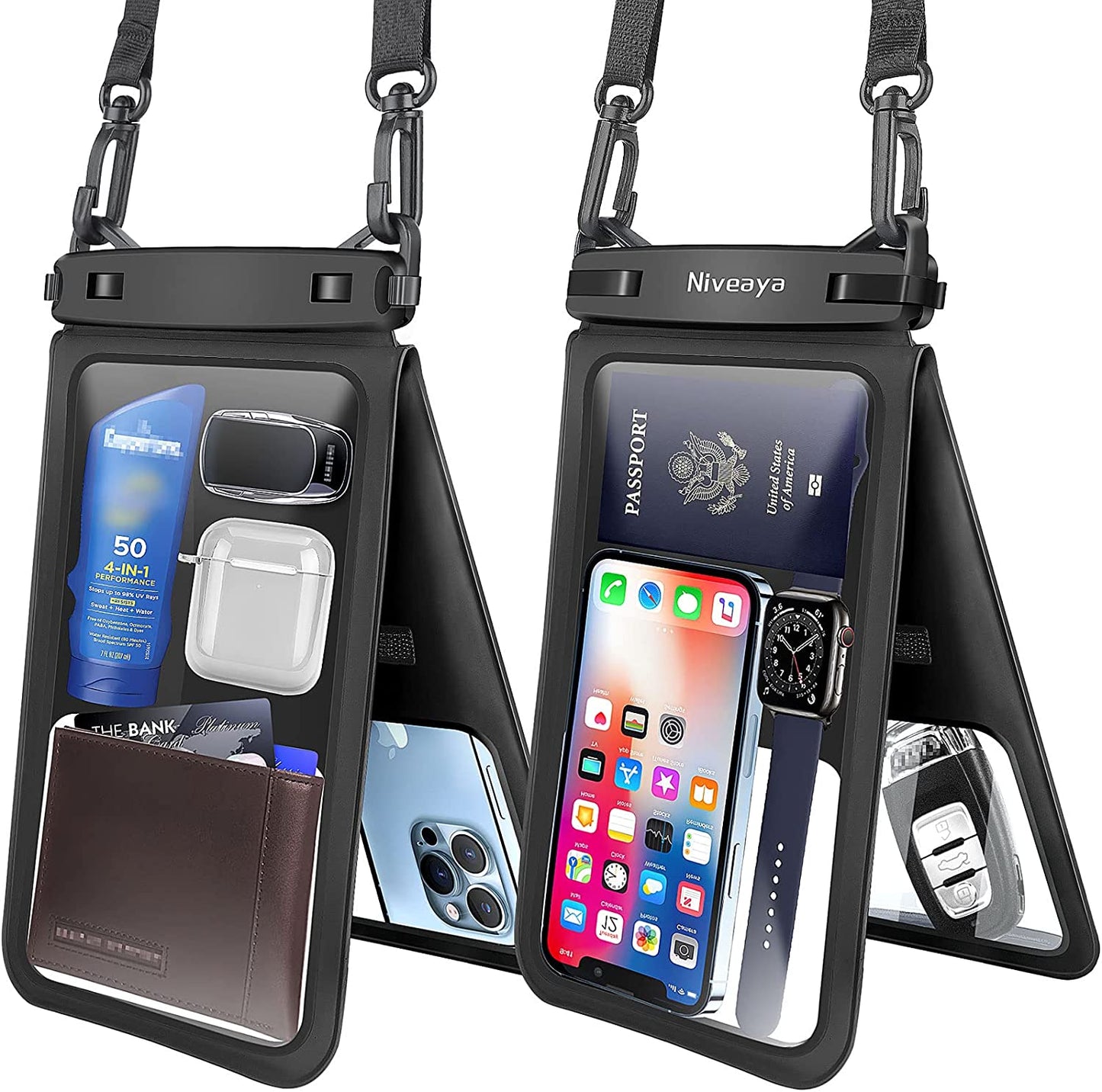 Niveaya Double Space Waterproof Phone Pouch - 2 Pack, Waterproof Phone Lanyard Case with Iphone 15/14/13/12/ Pro Max/Pro/8 Plus, Galaxy S22/S21/S20/S10/Note 20/10/9 up to 7", Dry Bag for Vacation.  Niveaya Black+ Black Large 10.5" 