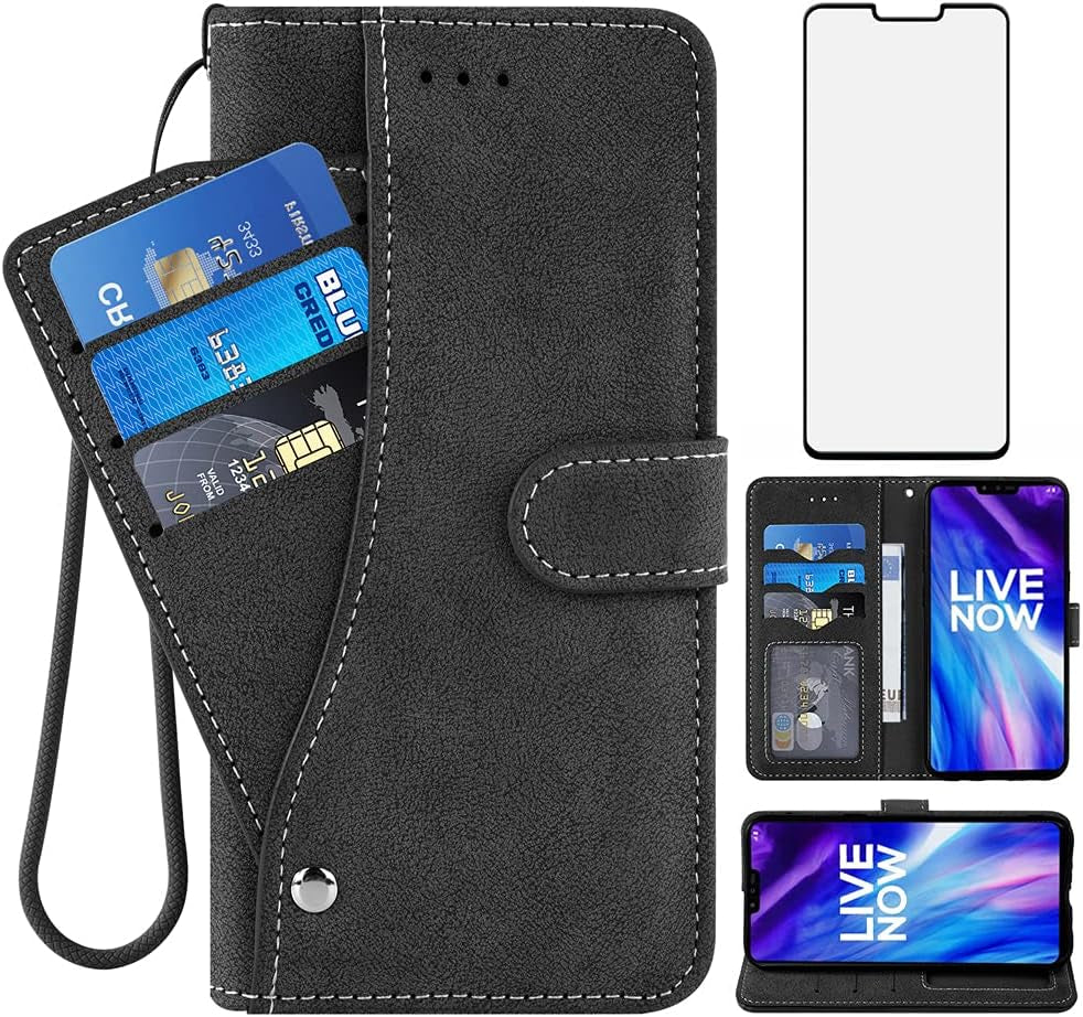 Compatible with LG V40 Thinq Wallet Case and Tempered Glass Screen Protector Flip Cover Credit Card Holder Stand Cell Phone Cases for LGV40 Storm V 40 Thin Q V40Thinq LG40 40V 40Thinq Women Men Black  NSS   