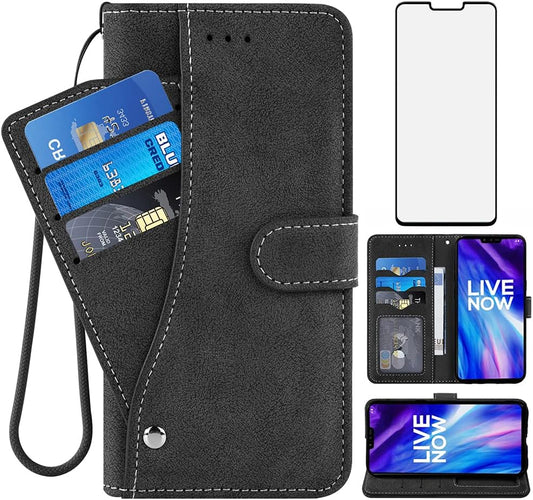 Compatible with LG V40 Thinq Wallet Case and Tempered Glass Screen Protector Flip Cover Credit Card Holder Stand Cell Phone Cases for LGV40 Storm V 40 Thin Q V40Thinq LG40 40V 40Thinq Women Men Black  NSS   