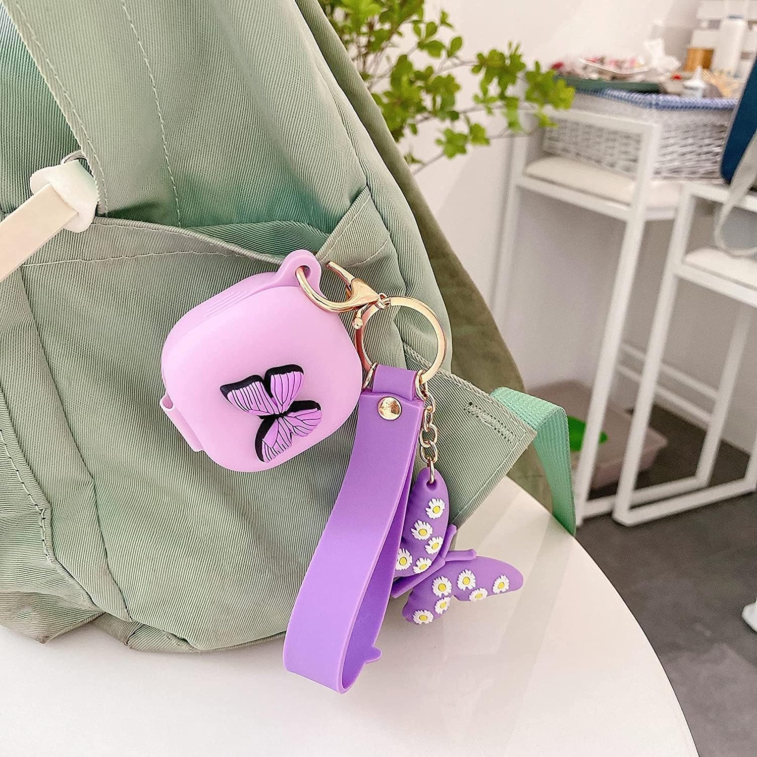 Compatible with Samsung Galaxy Buds Pro/Galaxy Buds Live Case with Butterfly Keychain, Protective Silicone Kids Teens Girls Women Funny Kawaii Fashion 3D Cute Cover for Galaxy Buds Pro/Live - Purple  Moydolo   