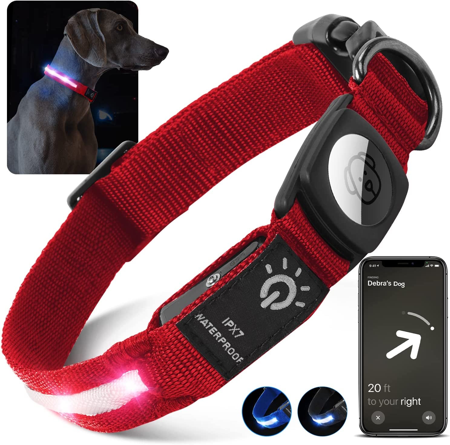 LED Air Tag Dog Collar - Light up Dog Collar[Ipx7 Waterproof] with Apple Air Tag Holder Case, Durable Rechargeable Lighted Air Tag Dog Collar Accessories for Puppy Dogs(S, Black)  typecase Red Small(12.5-16'') 