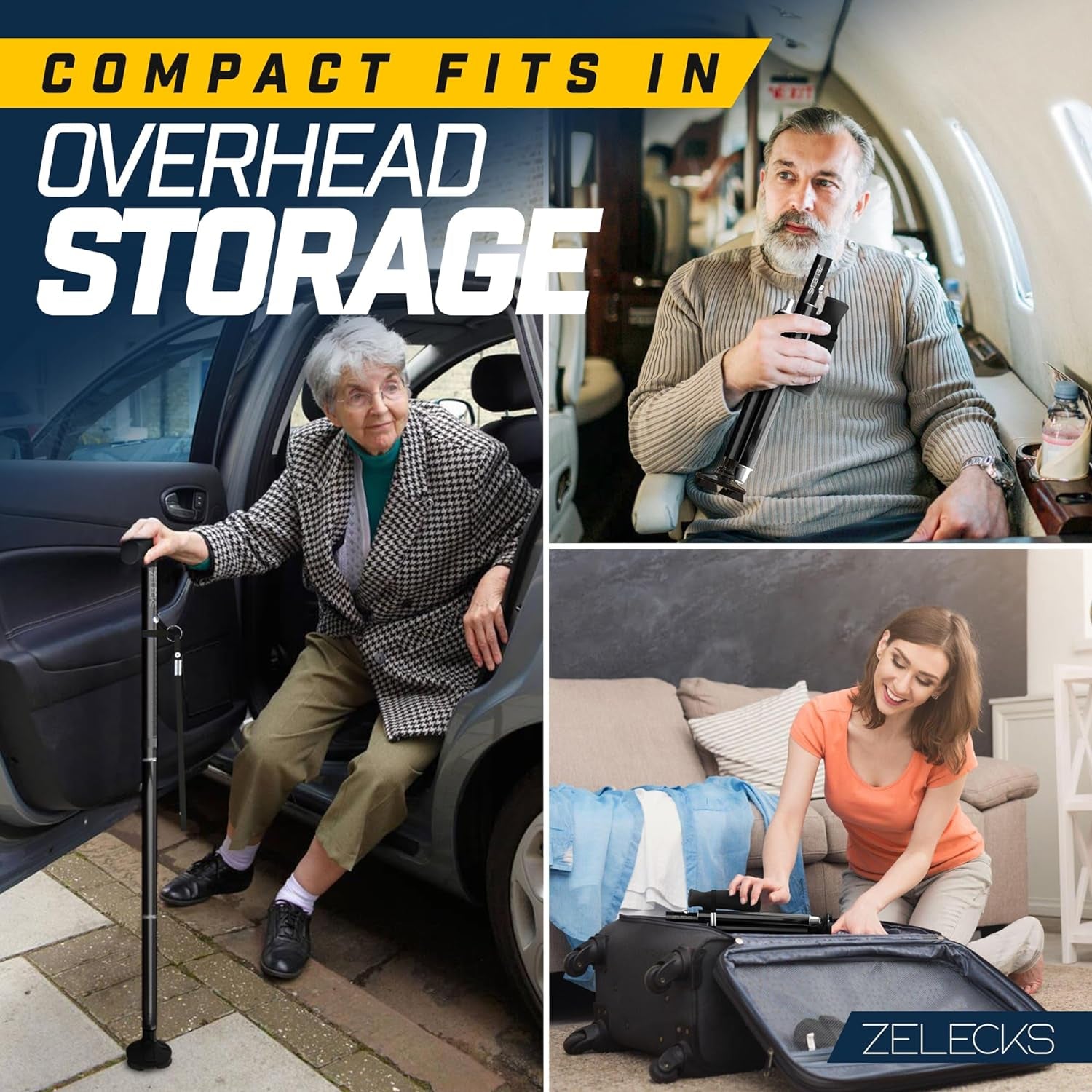 ZELECKS Walking Cane for Women & Men - Self Standing Adjustable Folding Cane with T Handle and 360 Pivot Base - Lightweight Foldable Walking Stick for Seniors - Collapsible Cane for Walking  ZELECKS   