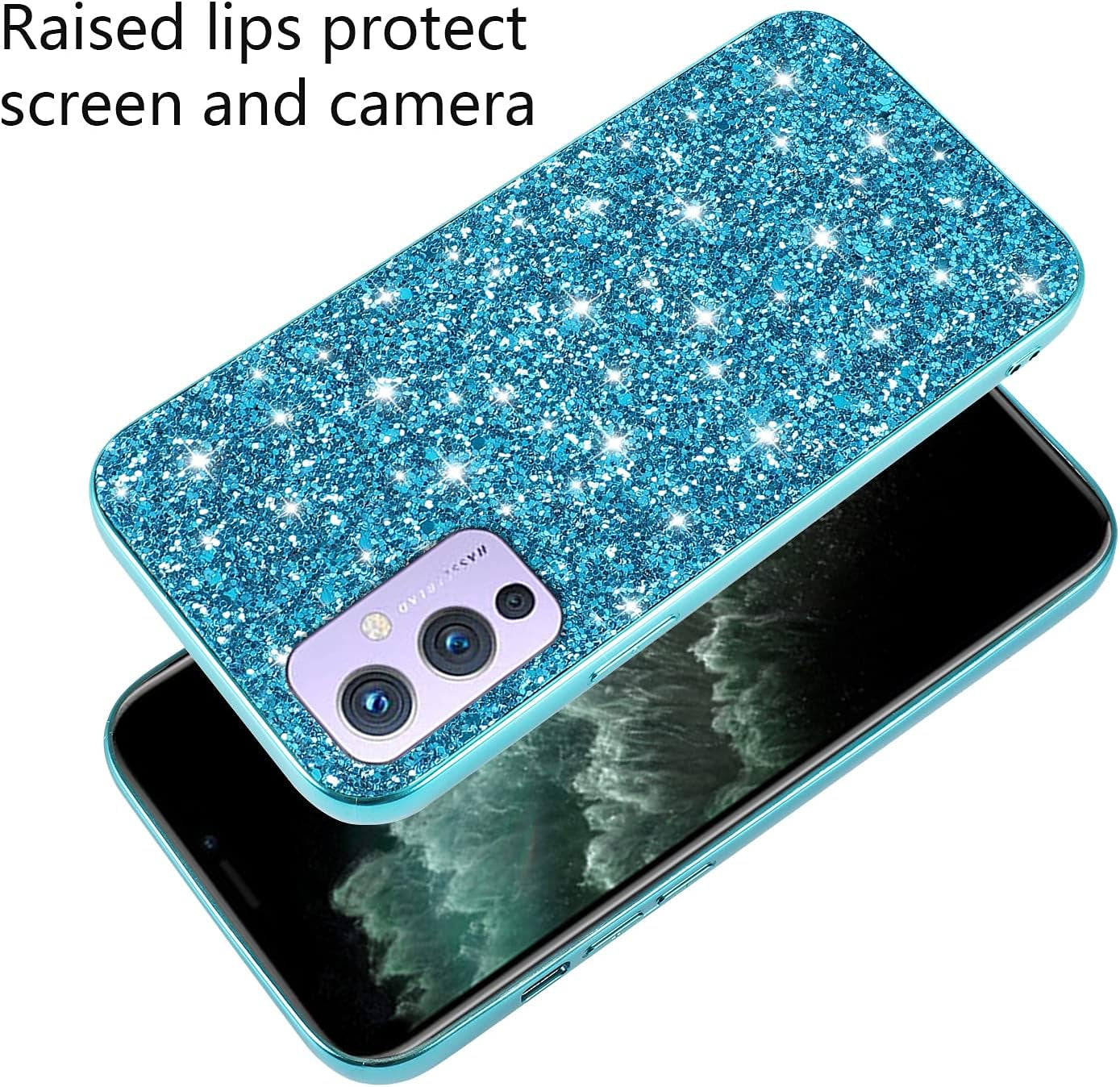 Compatible with Oneplus 9 Case Glitter Shockproof,Oneplus 9 Phone Case Bling Sparkly Soft TPU and PC Silicone Shiny Girl Women Thin Protective Cover (Blue)  Wousunly   
