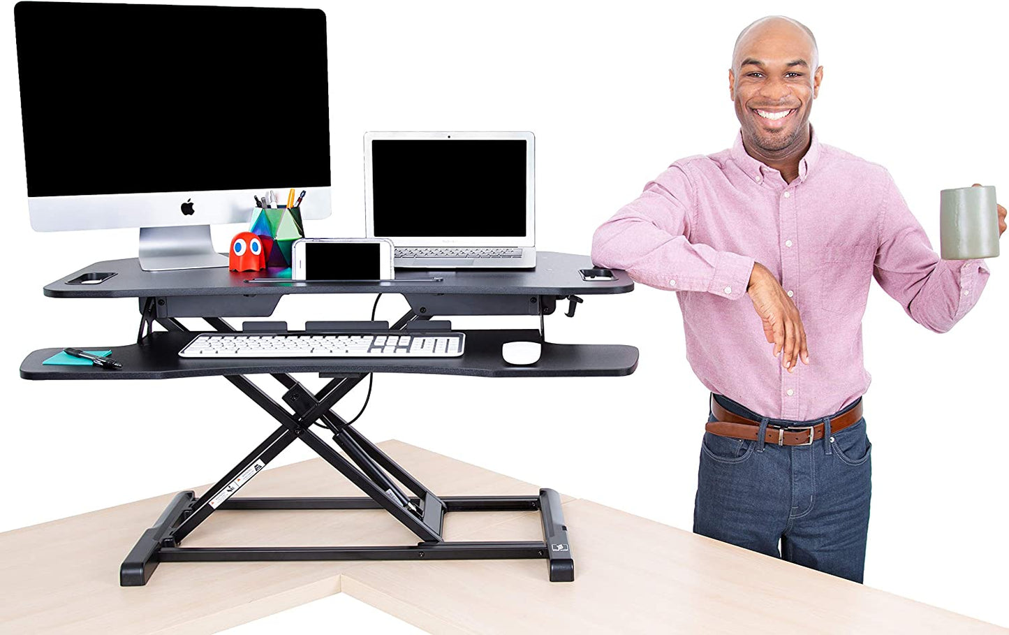 Flexpro Hero Corner Standing Desk Converter 37 Inch | Great for Cubicles & L-Shaped Desks | 2 Level Sit to Stand Workspace with Keyboard Shelf & Monitor Riser | Easily Sit or Stand (Black / 37 )  Stand Steady   